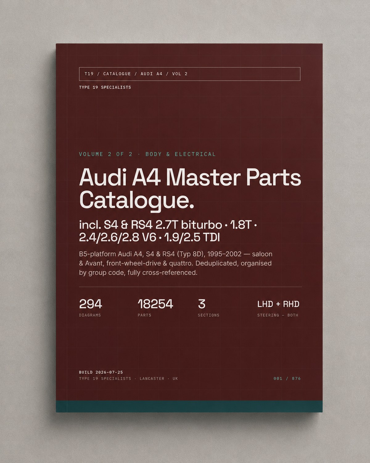 Audi A4 Master Parts Catalogue Vol 2 Body & Electrical — front cover, B5 A4/S4/RS4 1995-2002