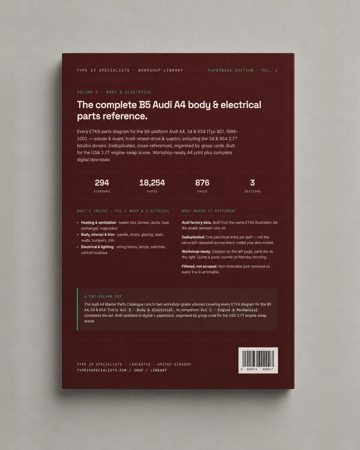 Audi A4 Master Parts Catalogue Vol 2 — rear cover: 294 diagrams, 18,254 parts, 876 pages, 3 sections