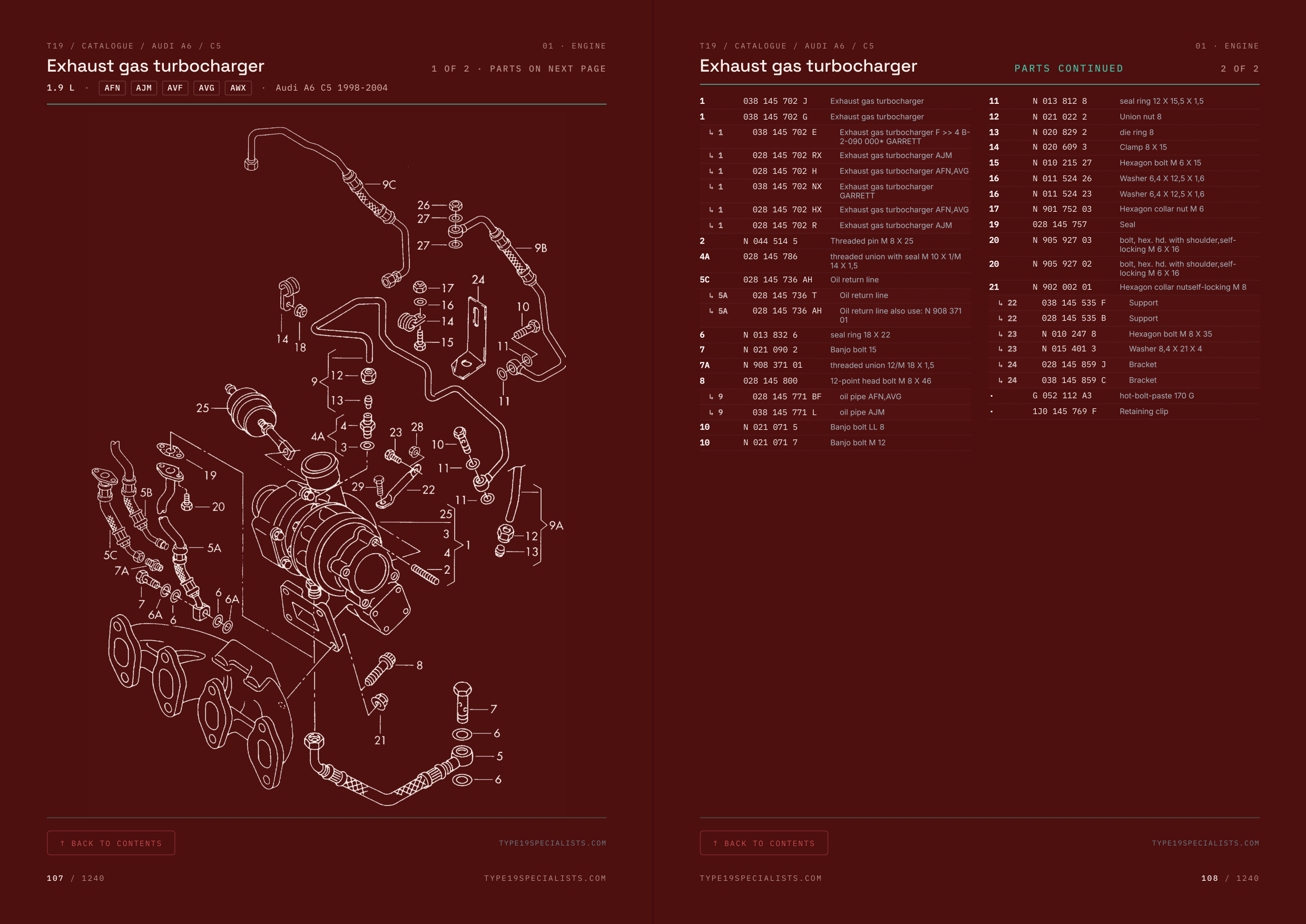 Audi A6 C5 Master Parts Catalogue Vol 1 — factory exploded diagram: exhaust gas turbocharger, with OEM parts table