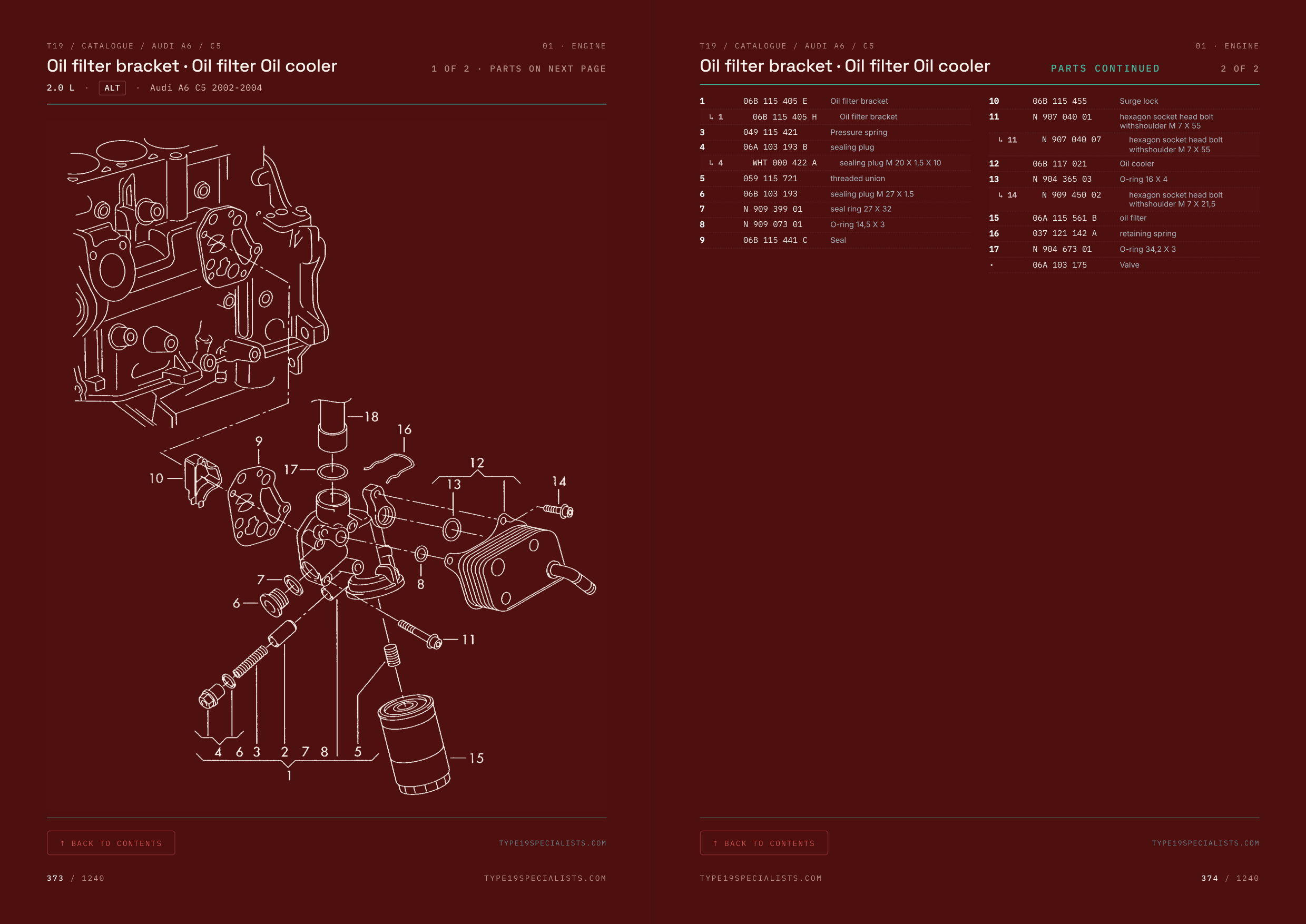 Audi A6 C5 Master Parts Catalogue Vol 1 — factory exploded diagram: oil filter bracket and oil cooler, with OEM parts table