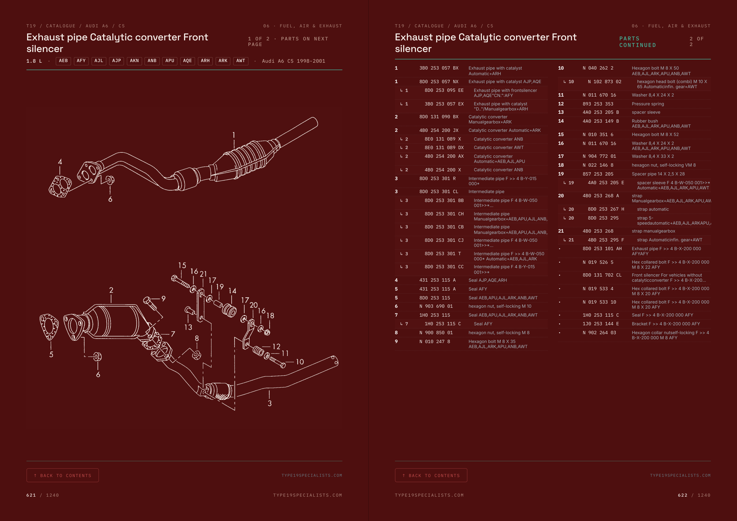 Audi A6 C5 Master Parts Catalogue Vol 1 — factory exploded diagram: catalytic converter exhaust pipe, with OEM parts table