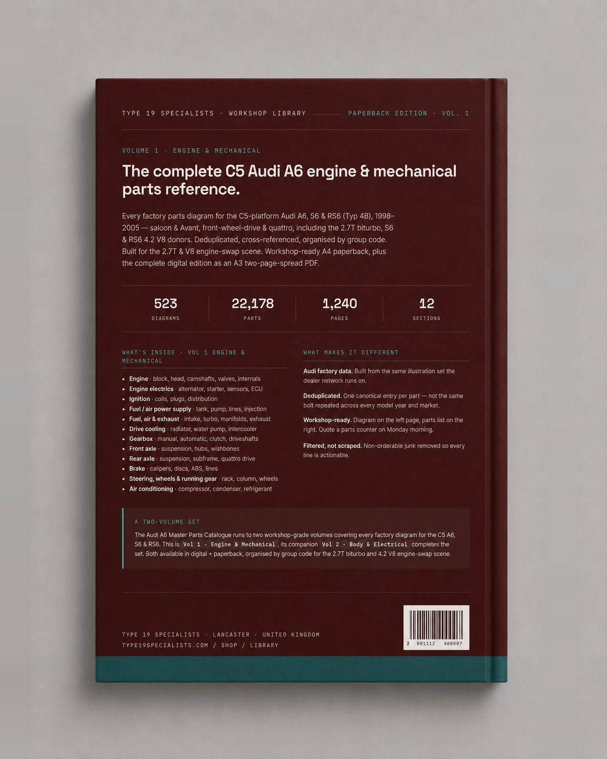 Audi A6 C5 Master Parts Catalogue Vol 1 — rear cover: 523 diagrams, 22,178 parts, 1,240 pages, 12 sections