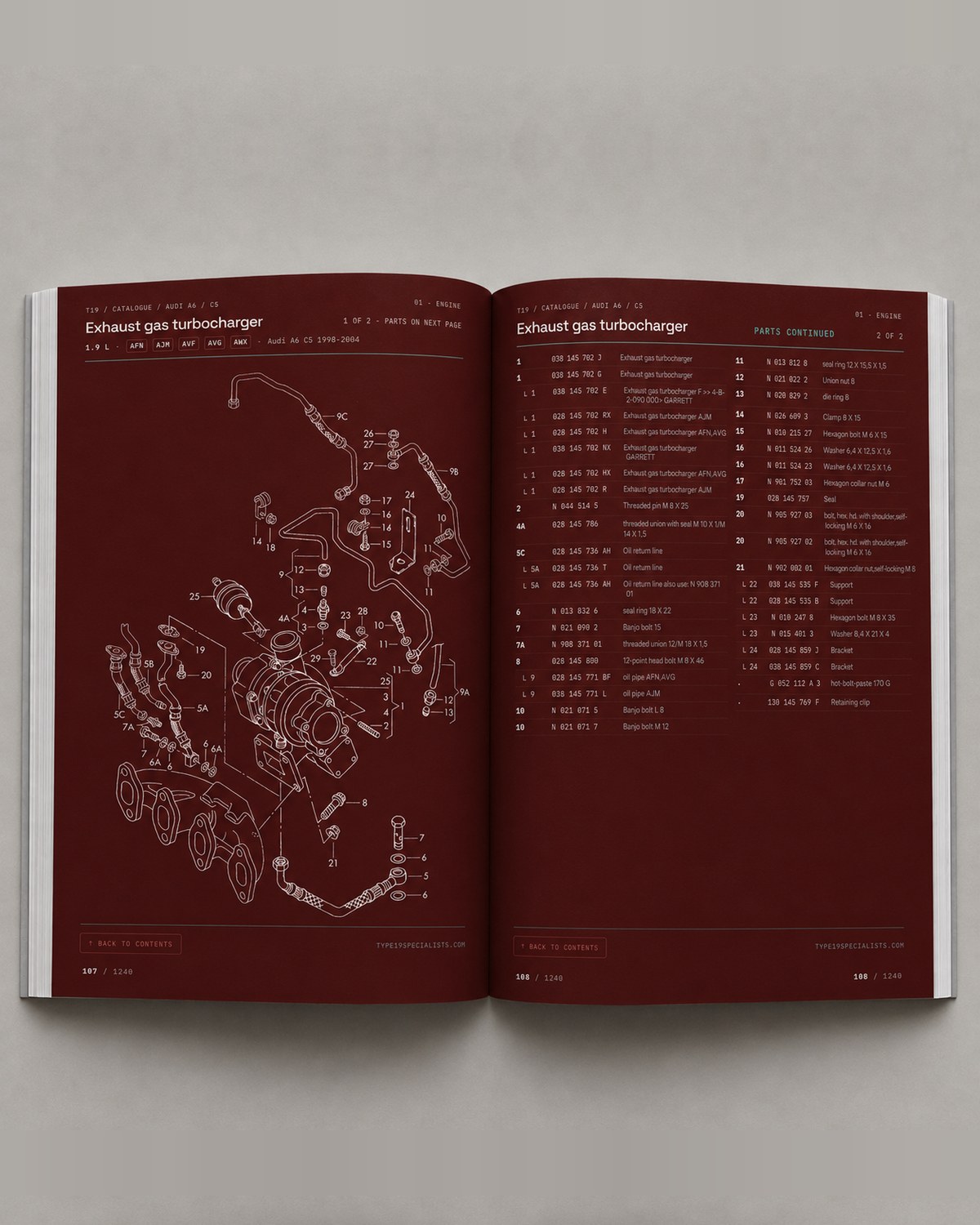 Audi A6 C5 Master Parts Catalogue Vol 1 — open spread: factory exploded diagram left, position-indexed parts table right