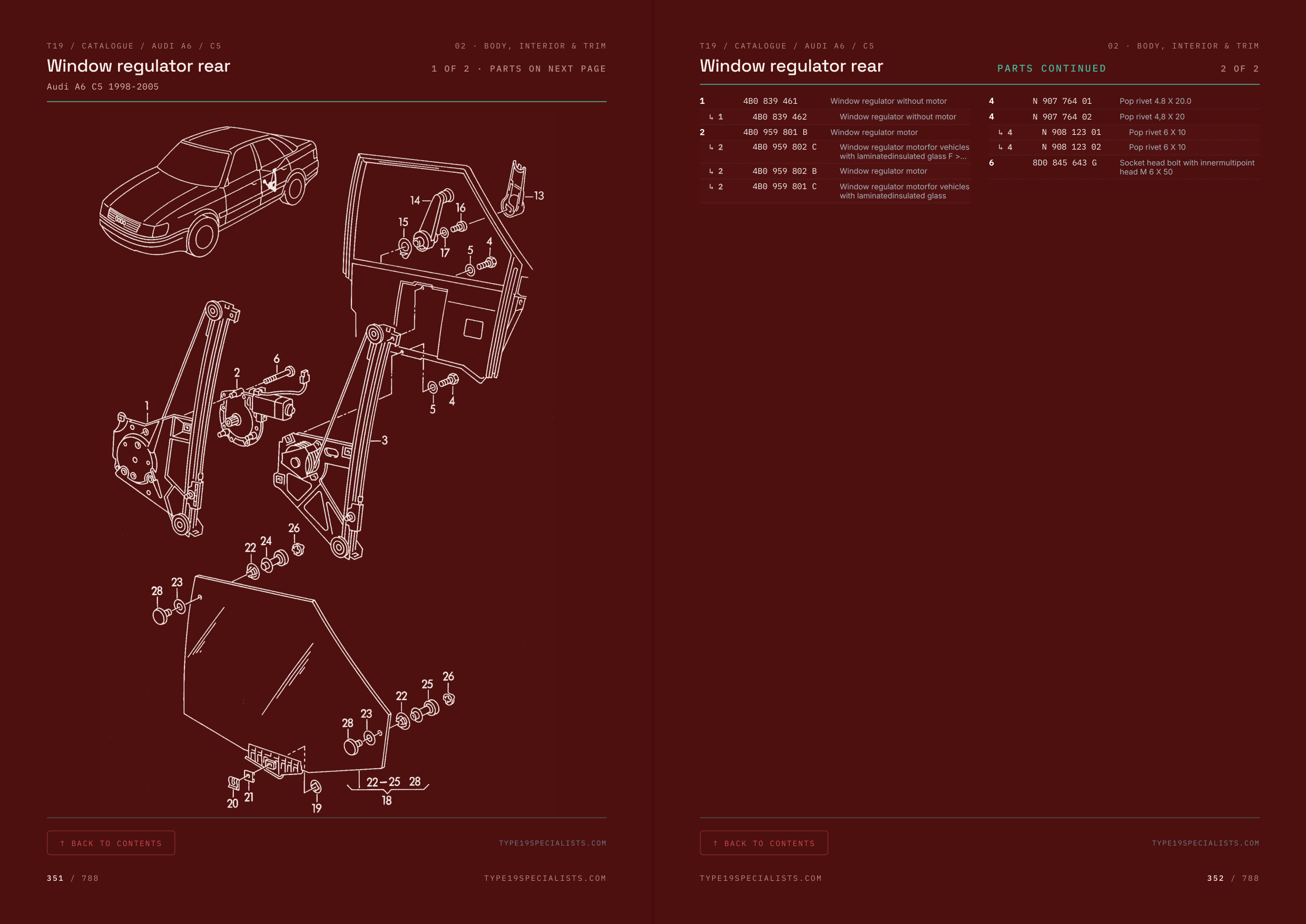 Audi A6 C5 Master Parts Catalogue Vol 2 — factory exploded diagram: rear window regulator, with OEM parts table