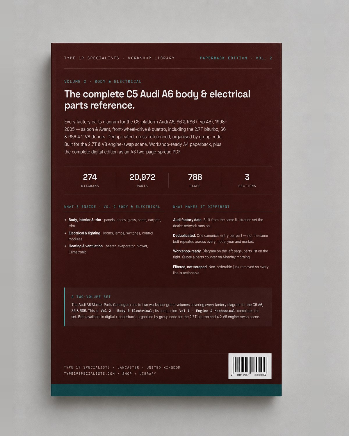 Audi A6 C5 Master Parts Catalogue Vol 2 — rear cover: 274 diagrams, 20,972 parts, 788 pages, 3 sections