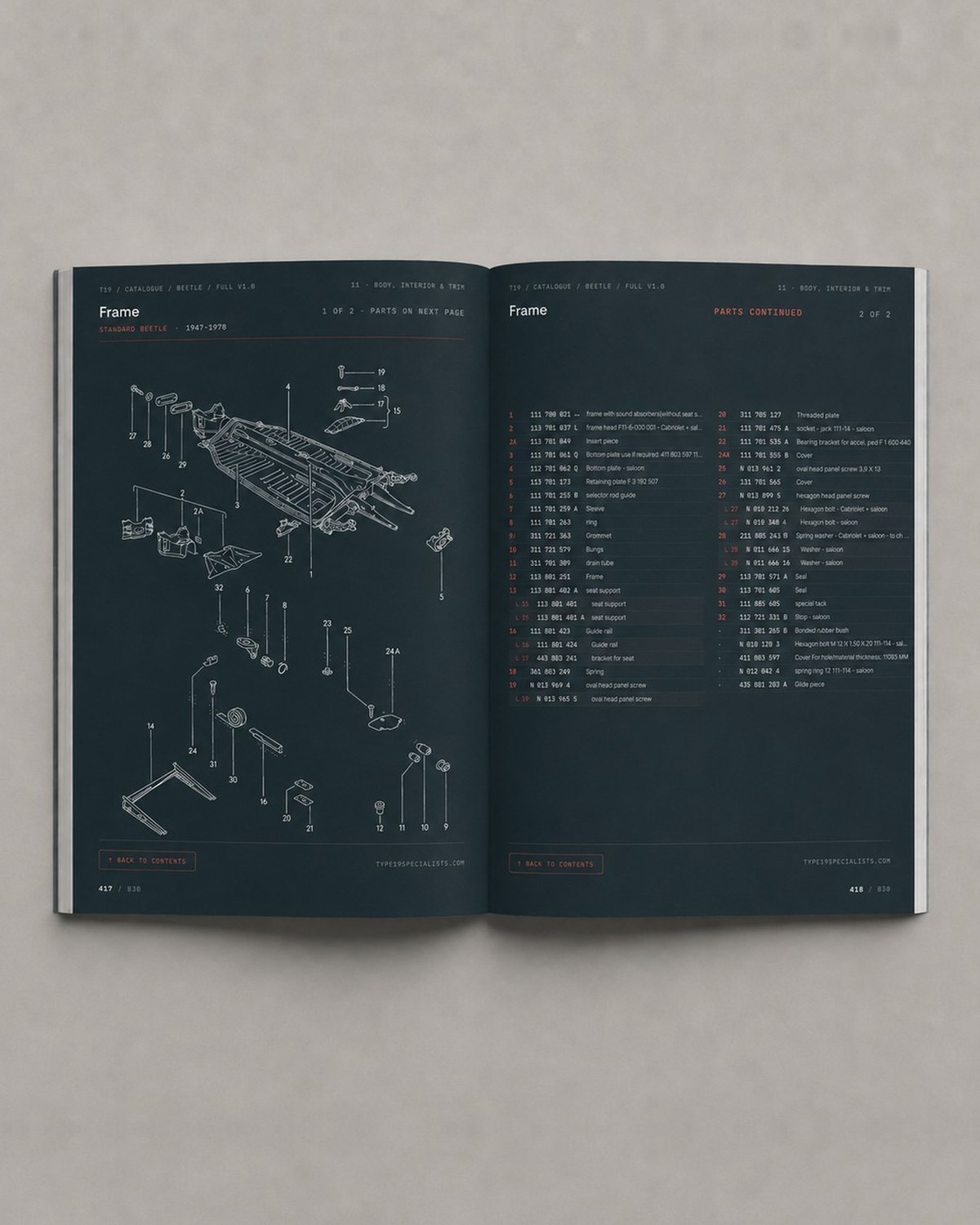 Beetle Master Parts Catalogue — open spread: diagram on the left, parts list on the right
