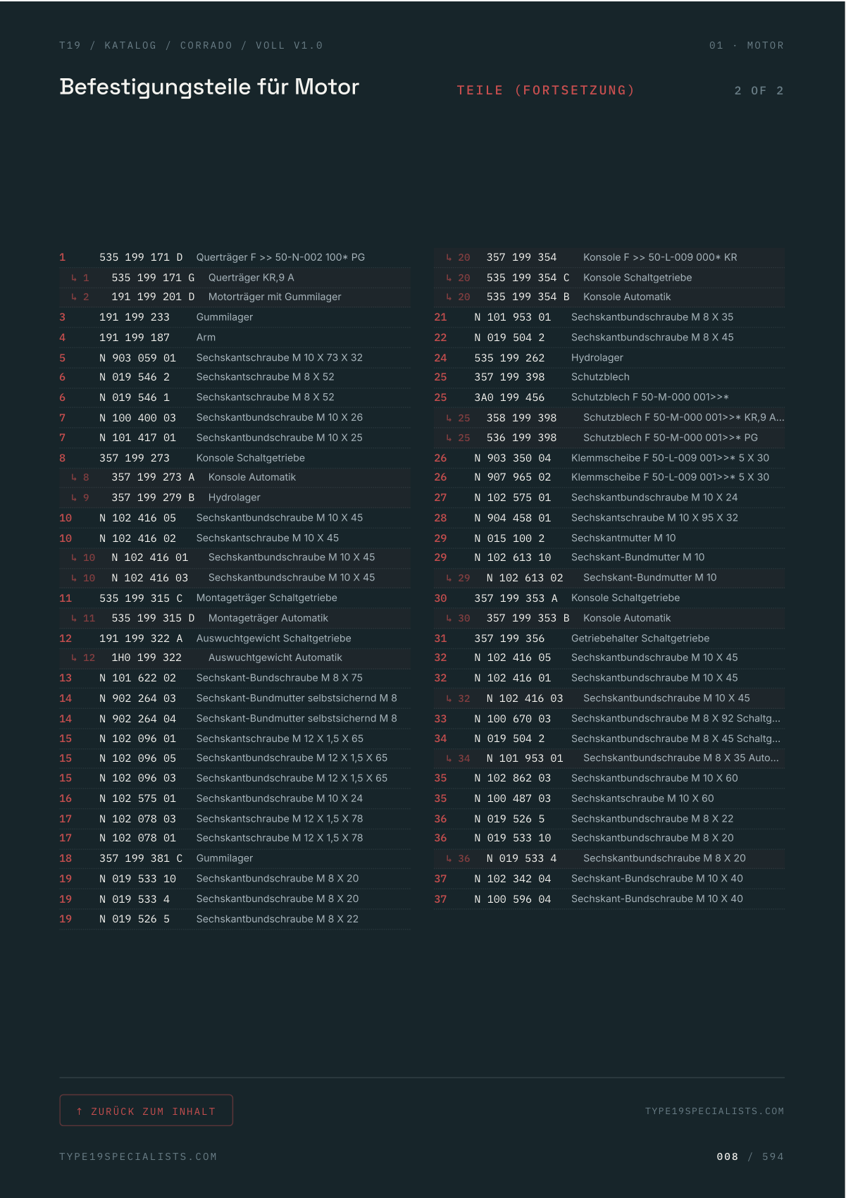 Corrado Master-Teilekatalog — Teileliste mit VW Original-Teilenummern