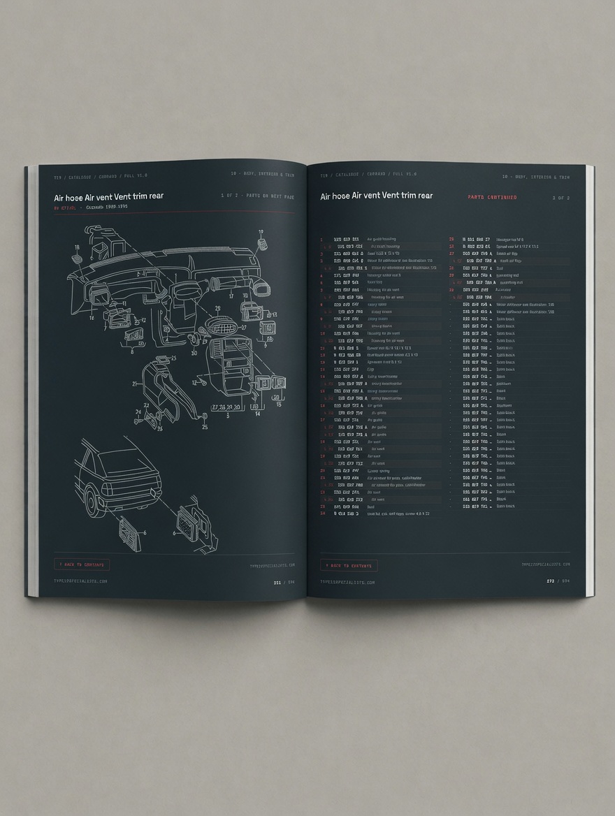 Corrado Master Parts Catalogue — opened to the section contents pages