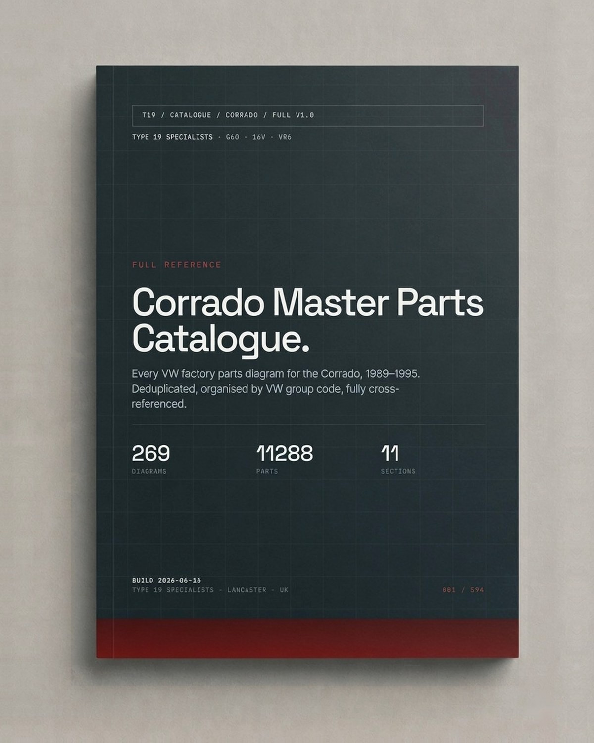 Corrado Master Parts Catalogue cover — 269 VW factory parts diagrams, 11,288 OEM part numbers, 11 sections