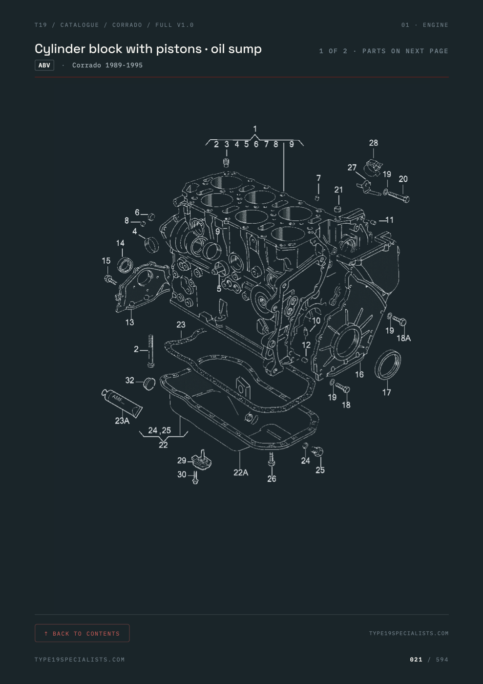 Cylinder block with pistons & oil sump — VW factory exploded diagram, ready to print
