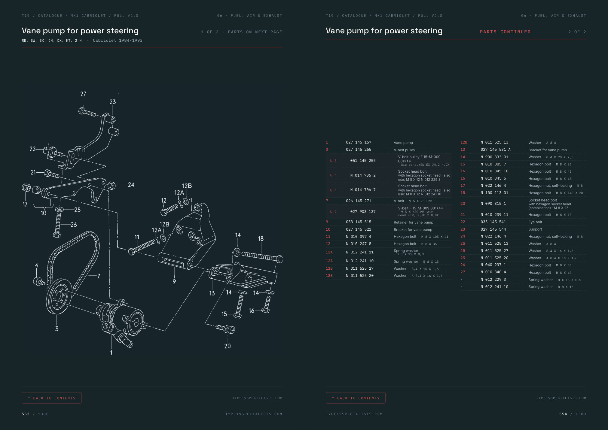 Mk1 Golf Cabriolet Master Parts Catalogue — open spread: diagram on the left, parts list on the right