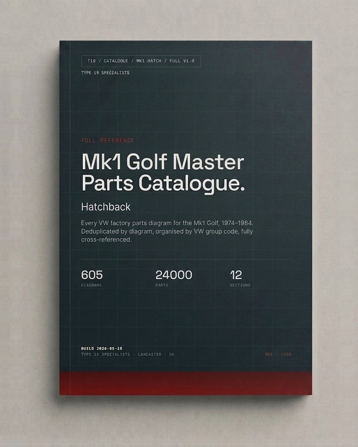 Mk1 Golf Hatchback Master Parts Catalogue cover — 605 VW factory parts diagrams, 24,000 OEM part numbers, 12 sections, 1974–1984
