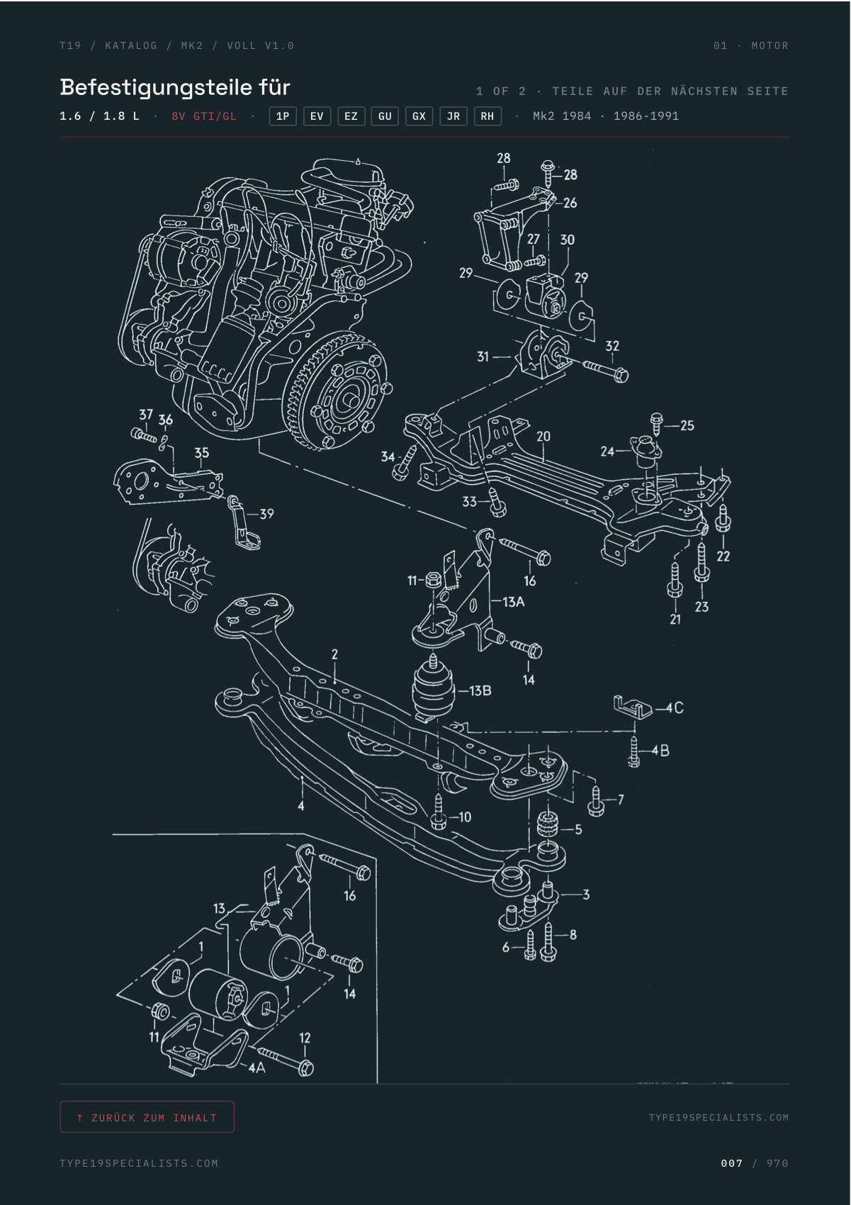 Mk2 Golf Master-Teilekatalog — VW Werks-Explosionsdiagramm mit Positionsnummern