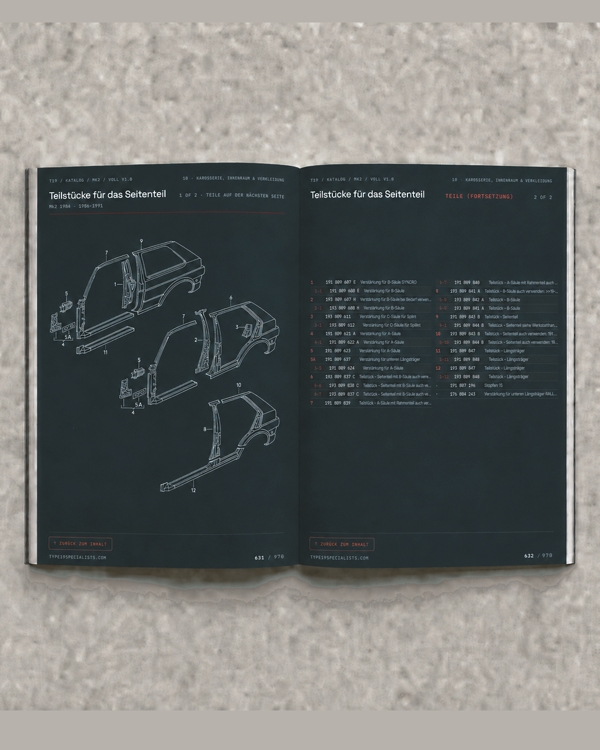 Mk2 Golf Master-Teilekatalog — Titelseite — Innenansicht Doppelseite 2