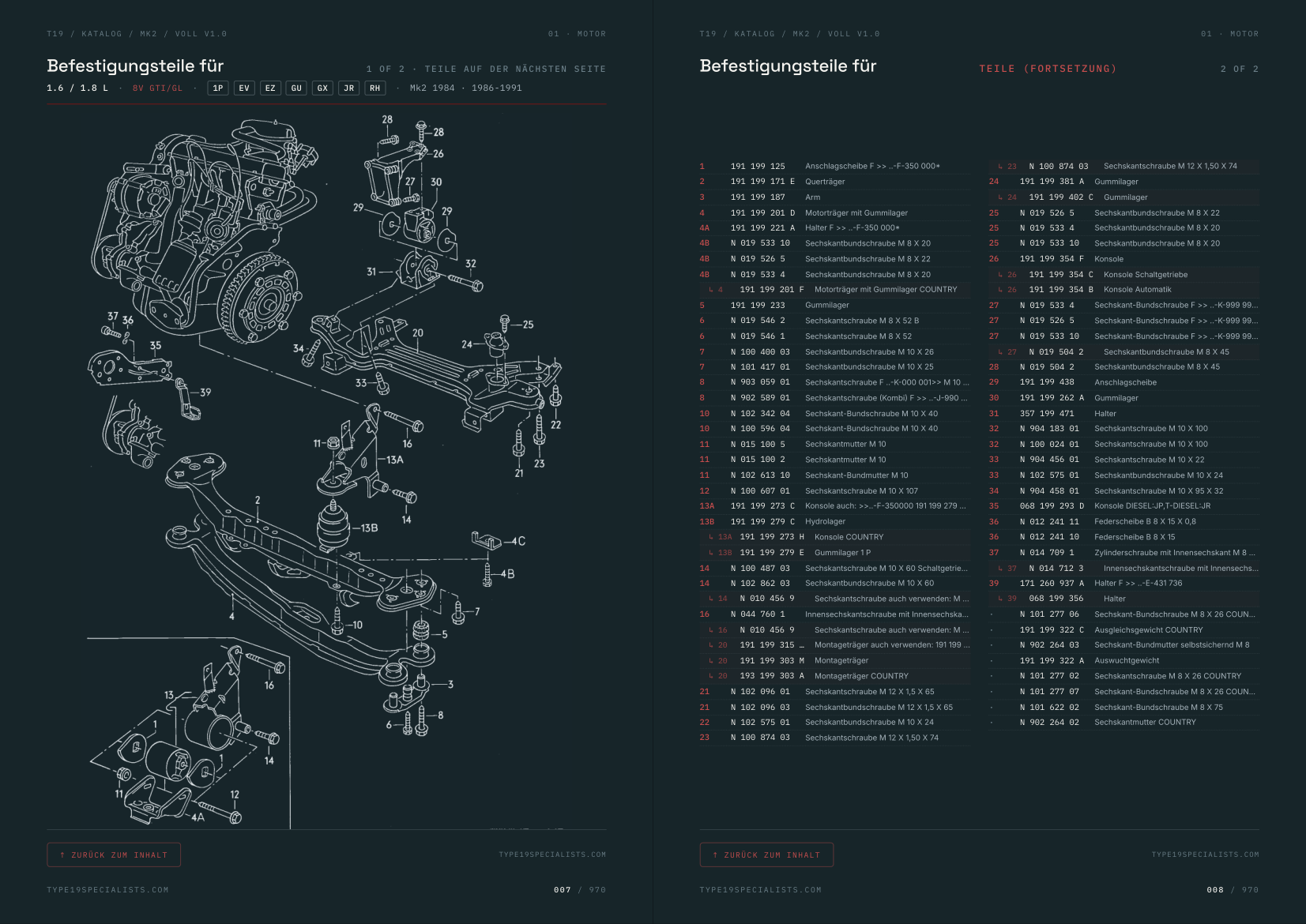 Mk2 Golf Master-Teilekatalog — Doppelseite innen