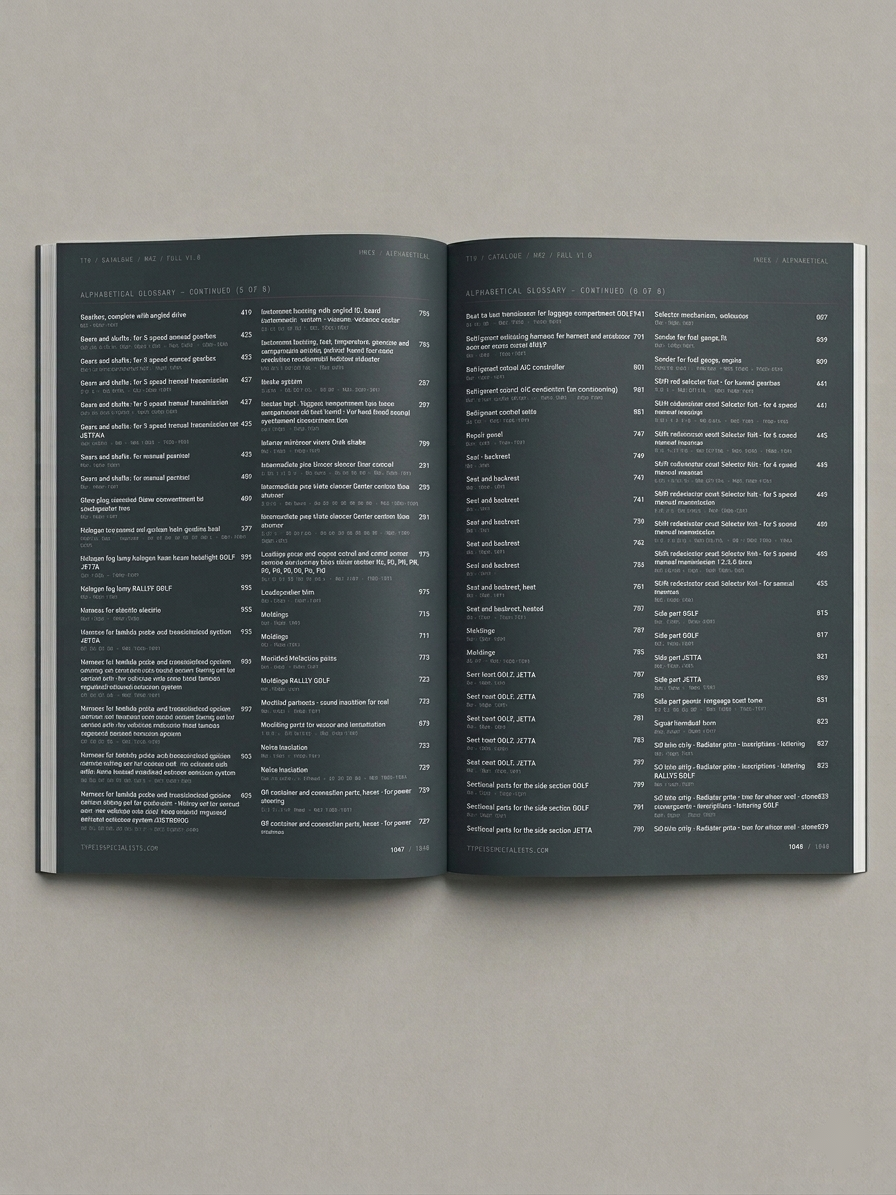 Mk2 Golf Master Parts Catalogue — opened to the section contents pages