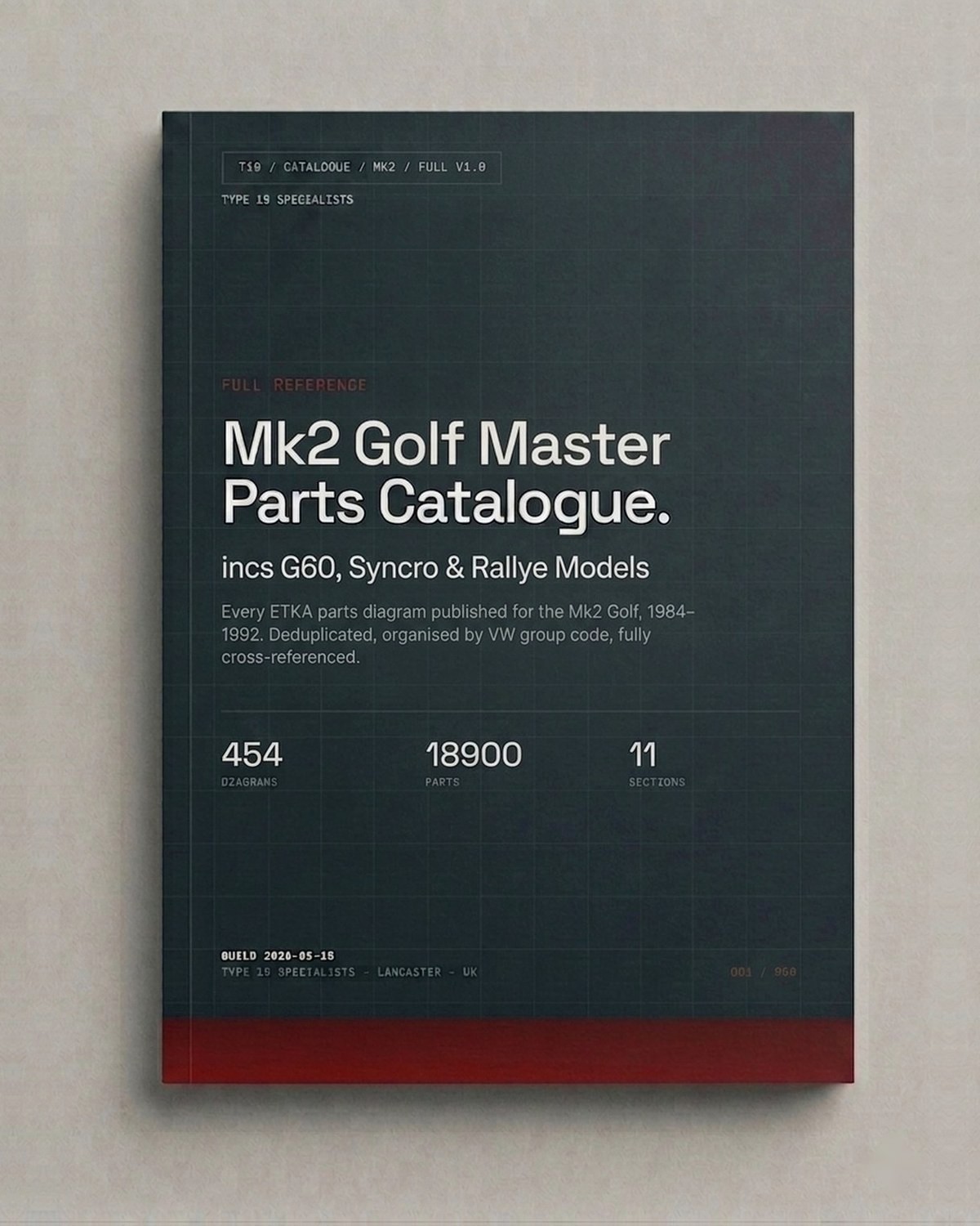 Mk2 Golf Master Parts Catalogue cover — 491 VW factory parts diagrams, 20,180 OEM part numbers, 11 sections