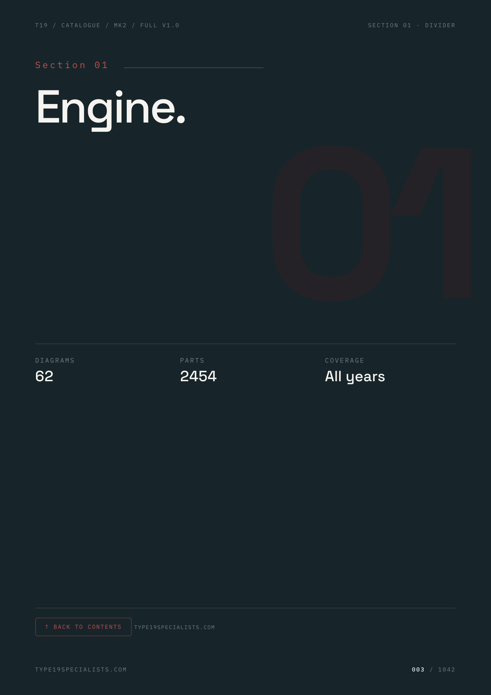 Section 01 — Engine — section divider showing diagram + parts counts