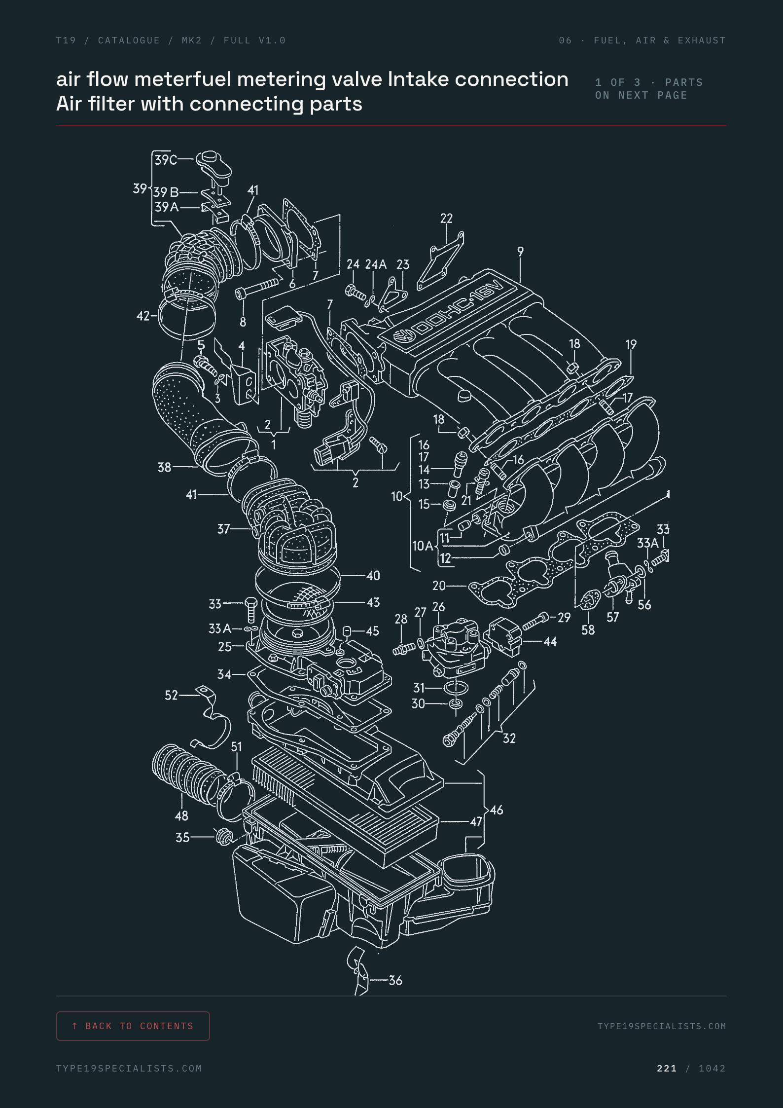 KR / PL 16V intake area diagram — air flow meter, fuel metering valve, intake connection