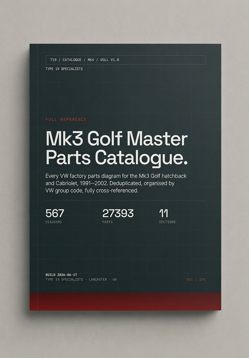 Mk3 Golf Master Parts Catalogue cover — 567 VW factory parts diagrams, 27,393 OEM part numbers, 11 sections