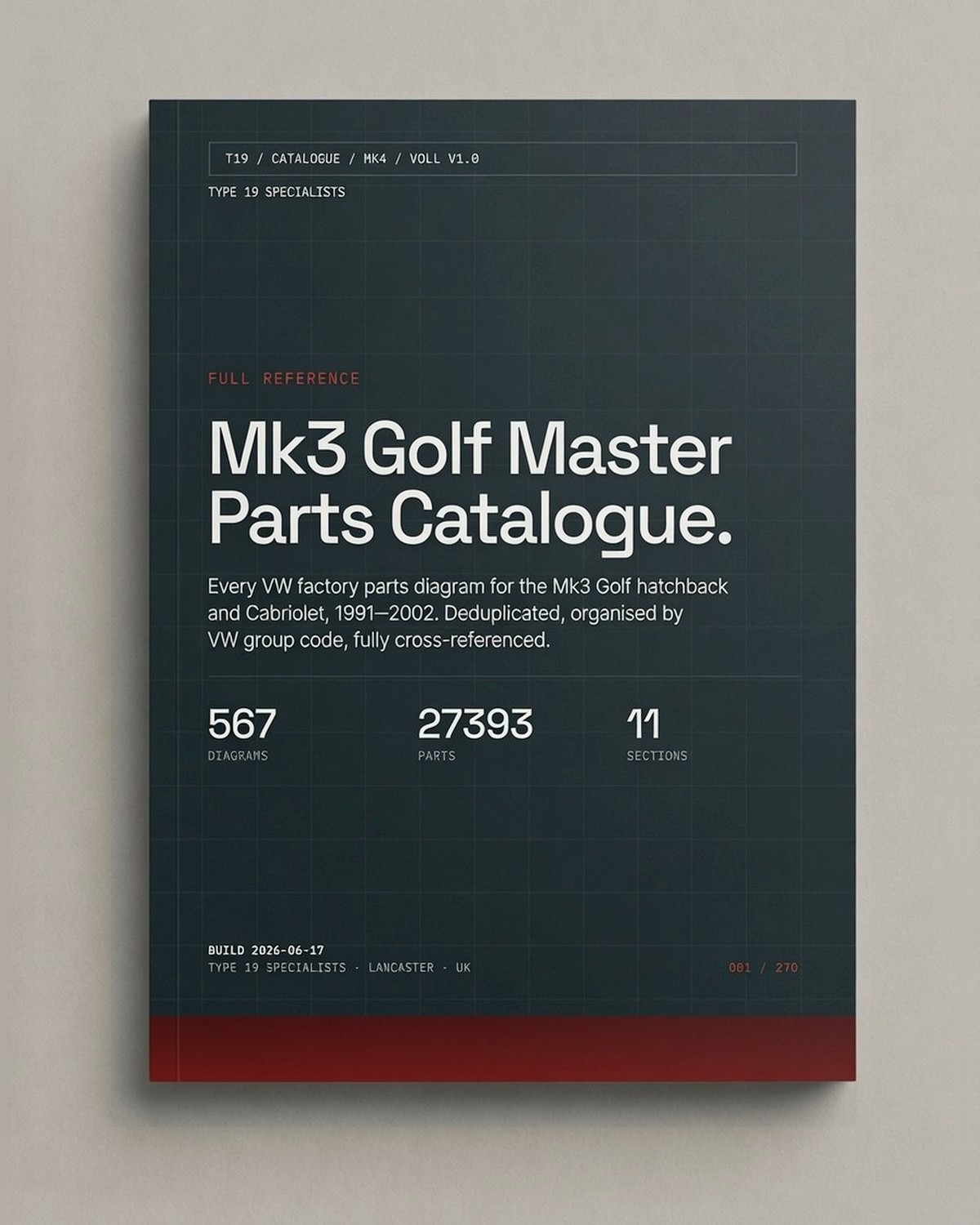 Mk3 Golf Master Parts Catalogue cover — 567 VW factory parts diagrams, 27,393 OEM part numbers, 11 sections