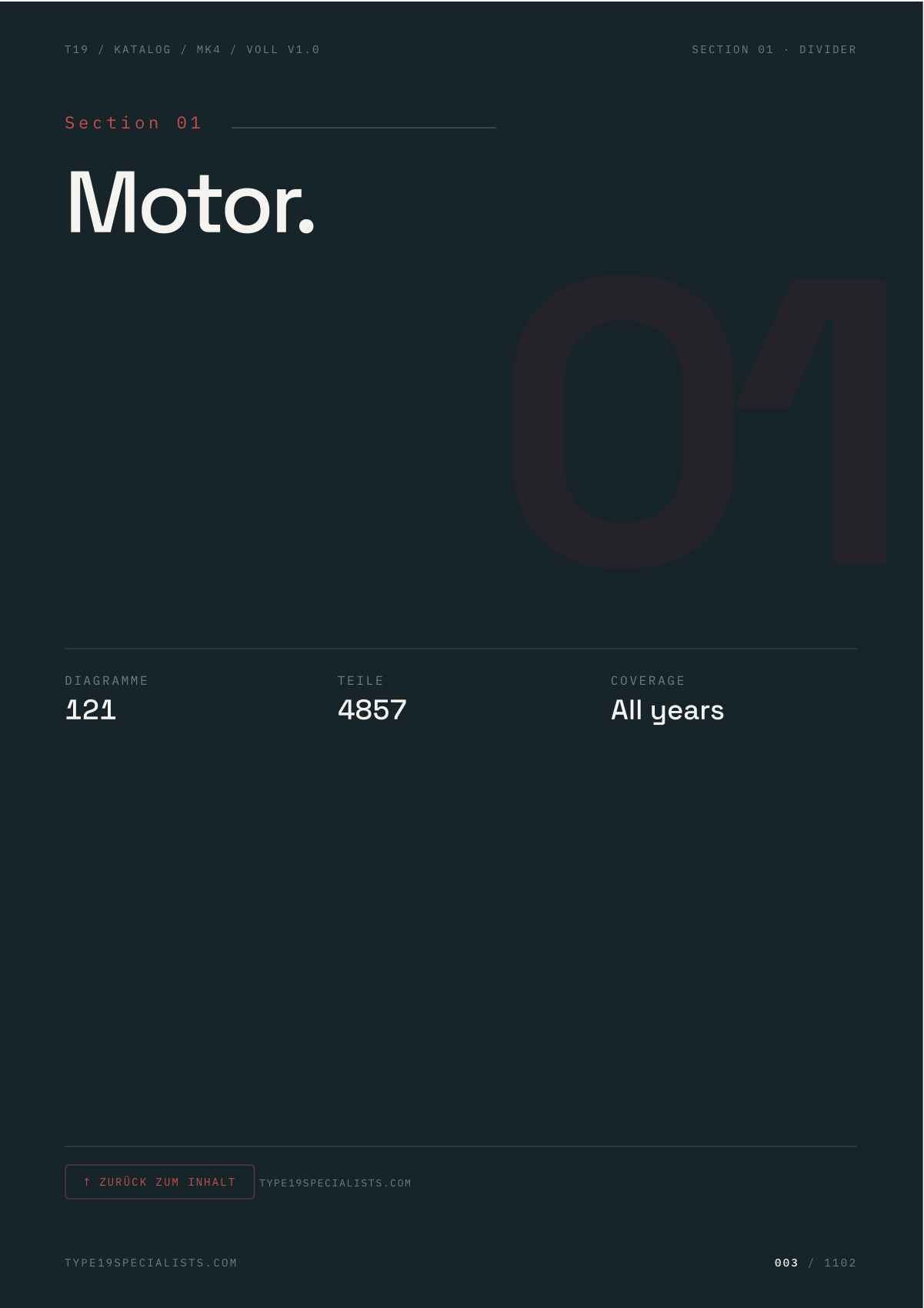 Mk4 Golf Master-Teilekatalog — Abschnitt 01 · Motor — Trennblatt