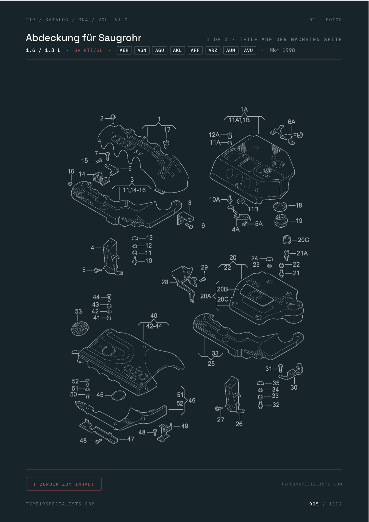 Mk4 Golf Master-Teilekatalog — VW Werks-Explosionsdiagramm mit Positionsnummern
