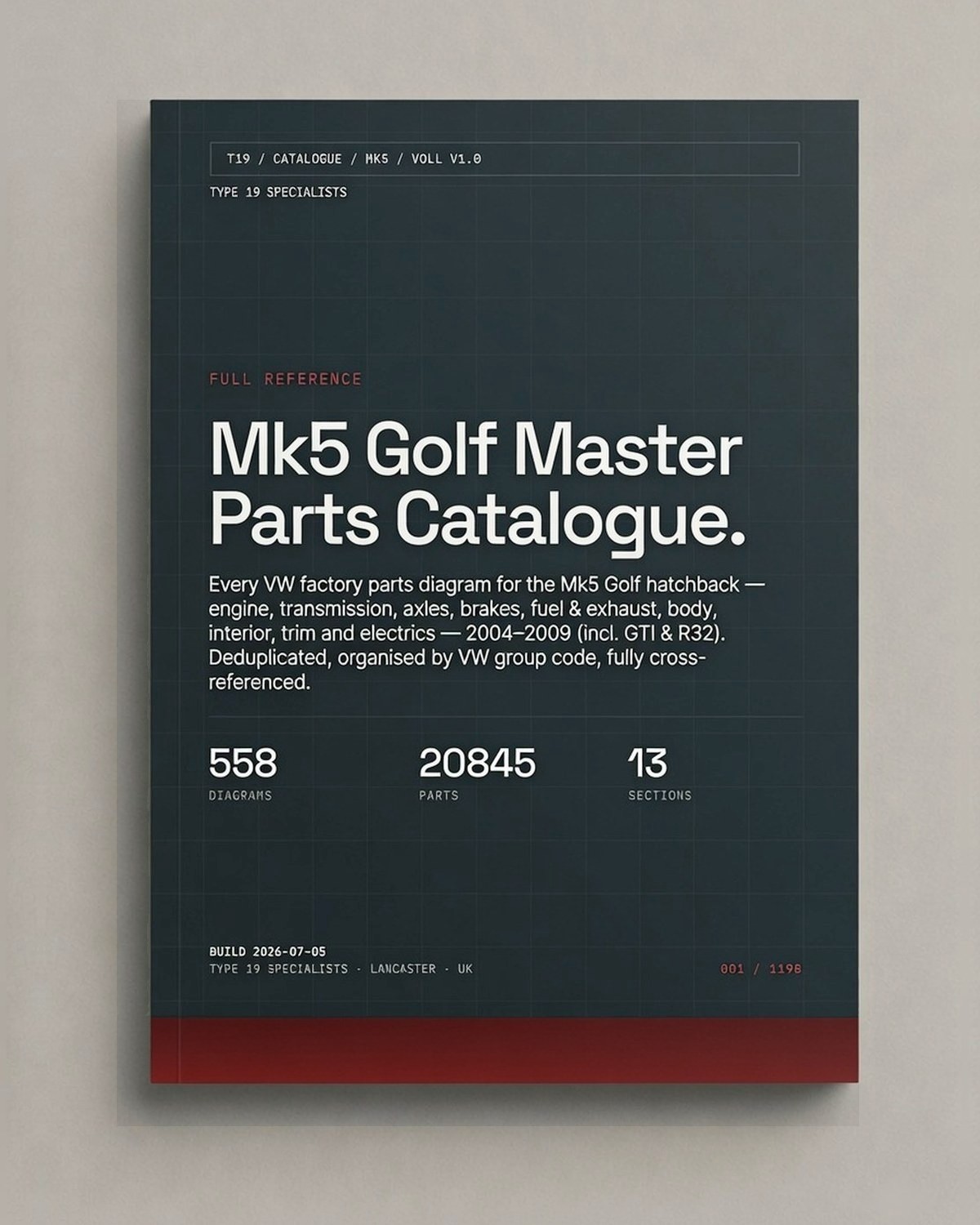 Mk5 Golf Master Parts Catalogue cover — 558 VW factory diagrams, 20,845 parts, 1,198 pages