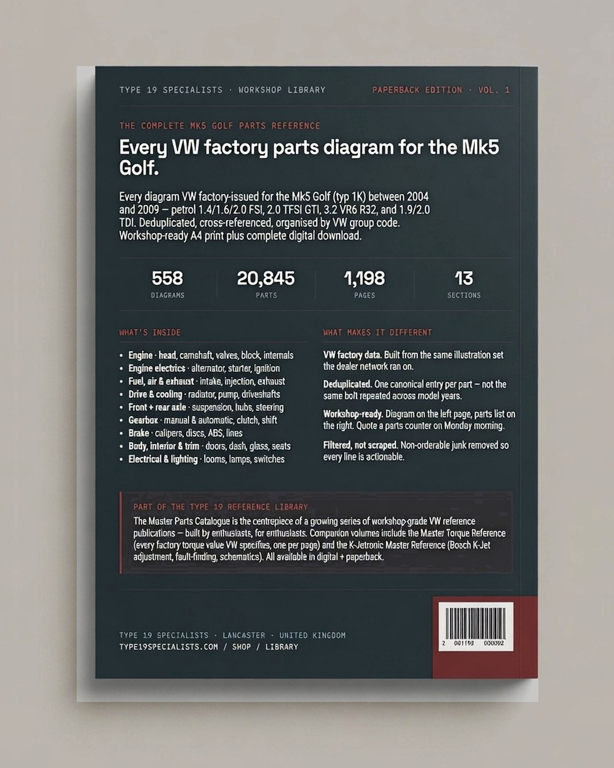 Mk5 Golf Master Parts Catalogue — rear cover: full engine range and what's inside