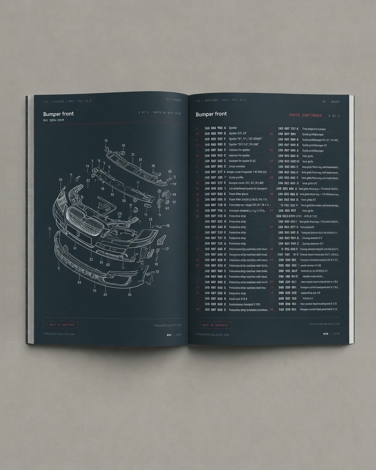 Mk5 Golf Master Parts Catalogue — open spread, diagram on the left, parts list on the right