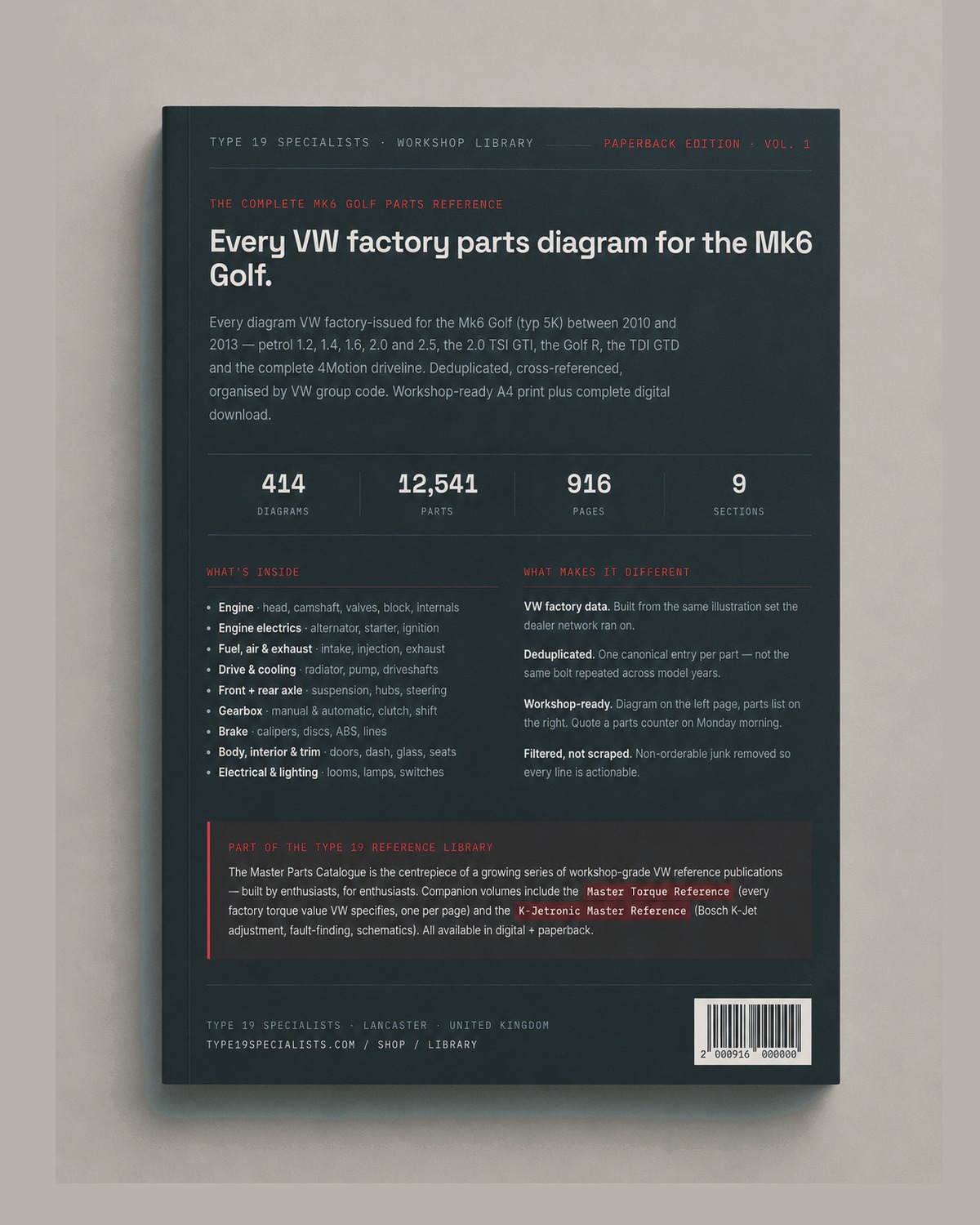 Mk6 Golf Master Parts Catalogue Vol 1 Engine & Mechanical — rear cover with contents summary and specification