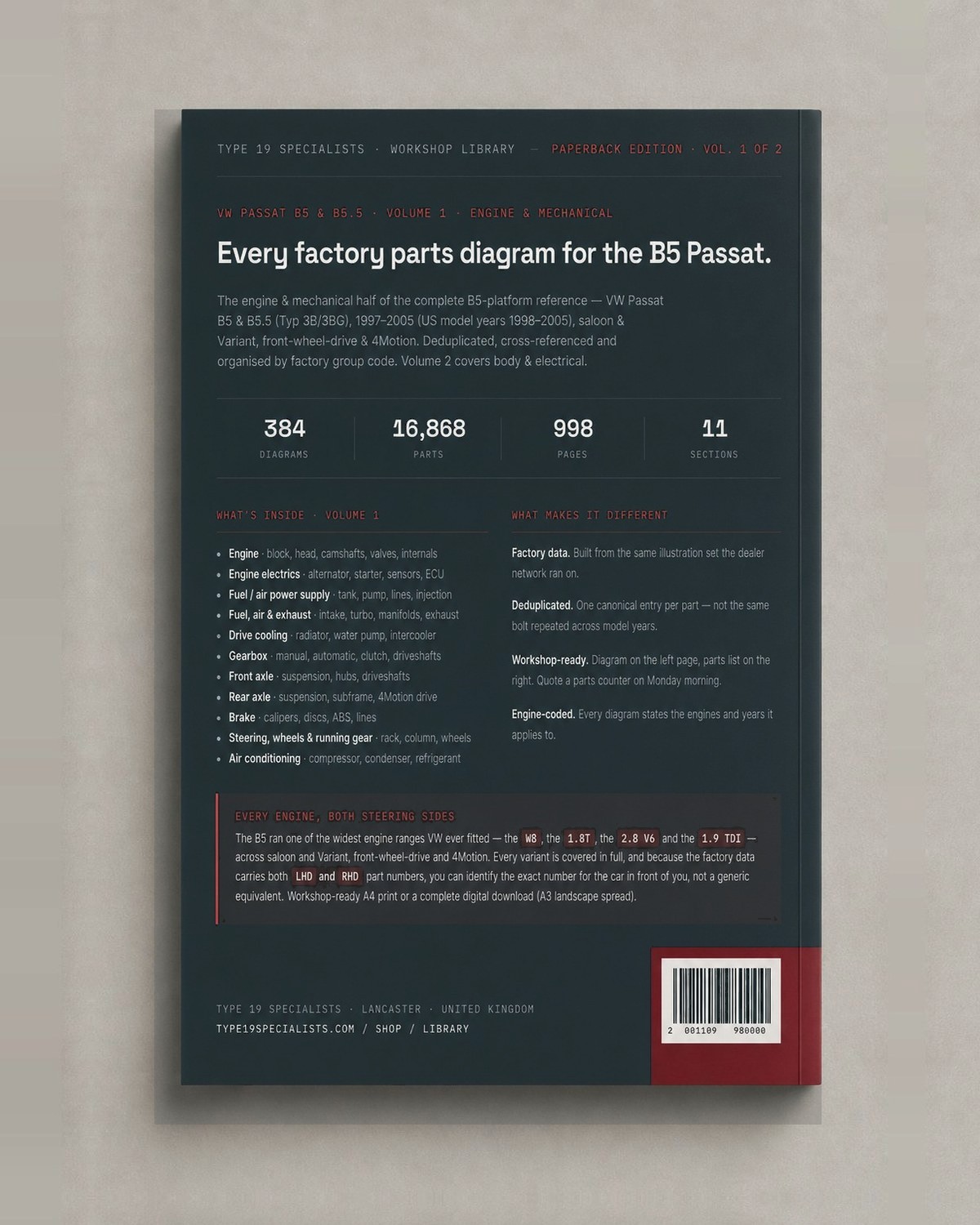 VW Passat B5 Master Parts Catalogue Vol 1 — rear cover: 384 diagrams, 16,868 parts, 998 pages, 11 sections