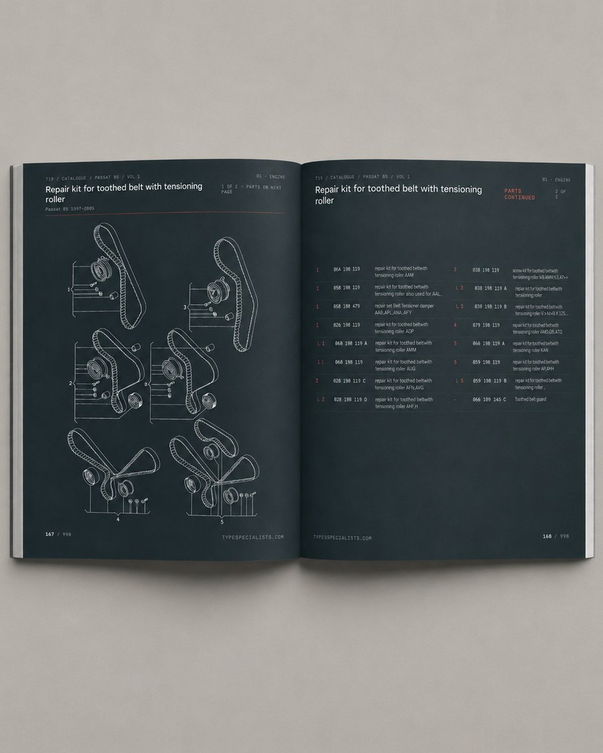 VW Passat B5 Master Parts Catalogue Vol 1 — open spread: toothed belt and tensioning roller repair kit with OEM parts list