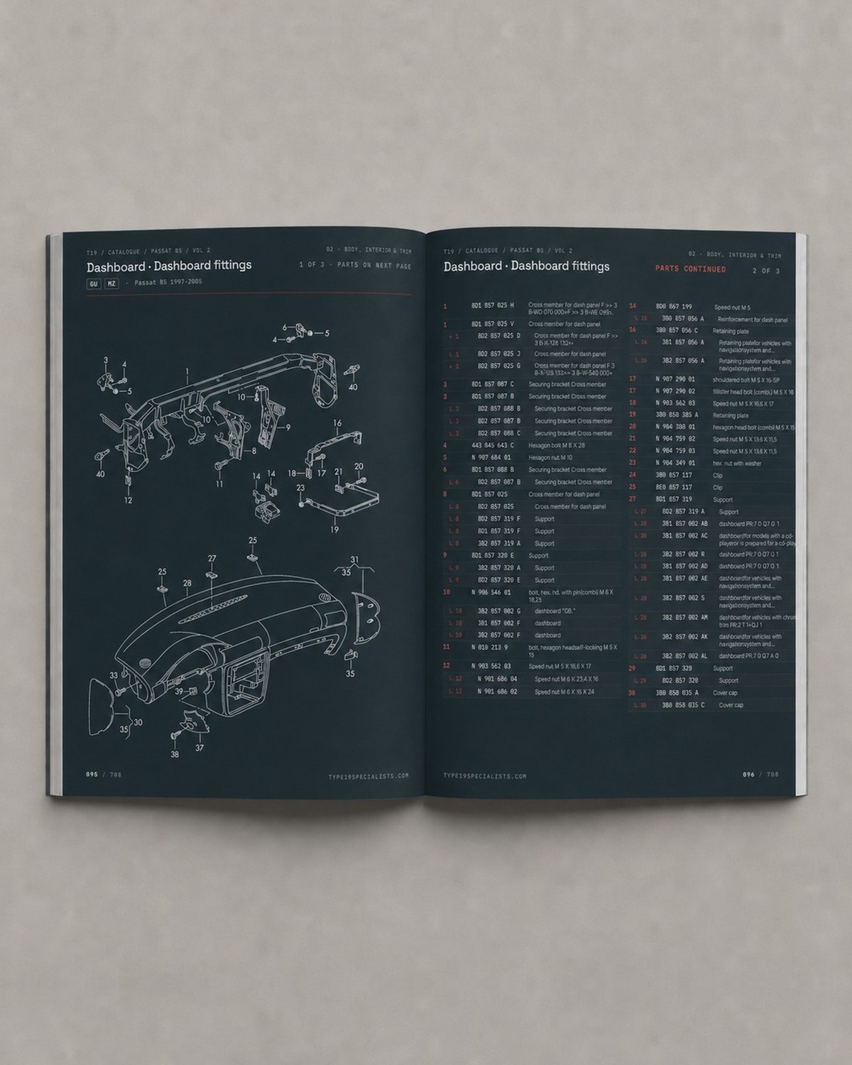 VW Passat B5 Master Parts Catalogue Vol 2 — open spread: dashboard and dashboard fittings with OEM parts list