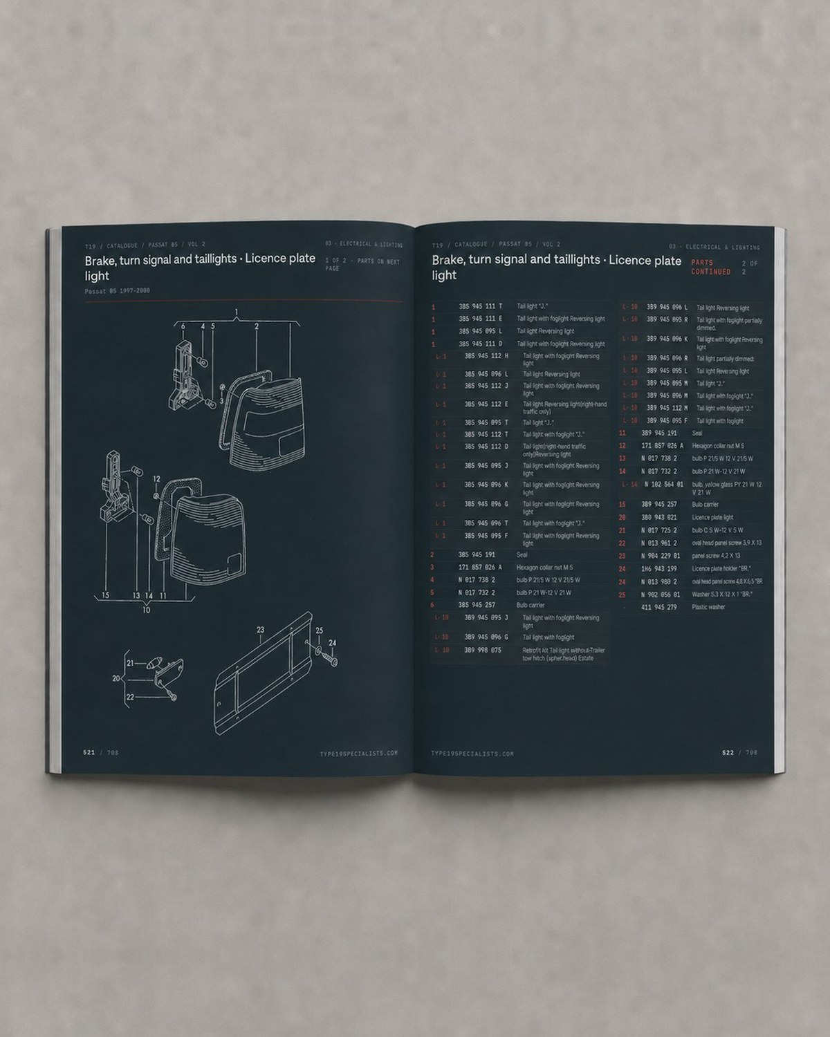 VW Passat B5 Master Parts Catalogue Vol 2 — open spread: brake, turn signal, taillights and licence plate light