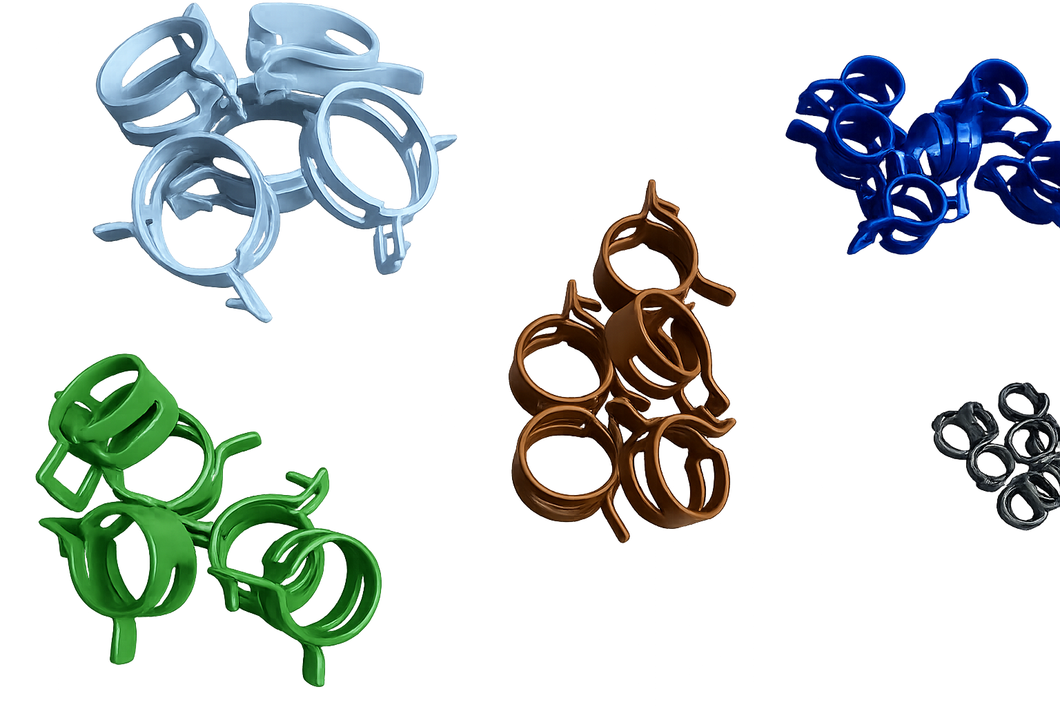 Mk2 Golf engine hose clamps in original Volkswagen colour codes — white, blue, orange, green, and silver — Genuine VW NOS