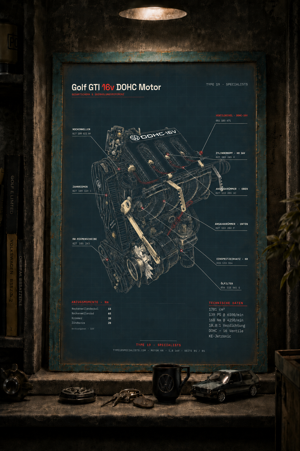 Golf GTI 16V DOHC Motor-Blueprint — A2 Kunstdruck