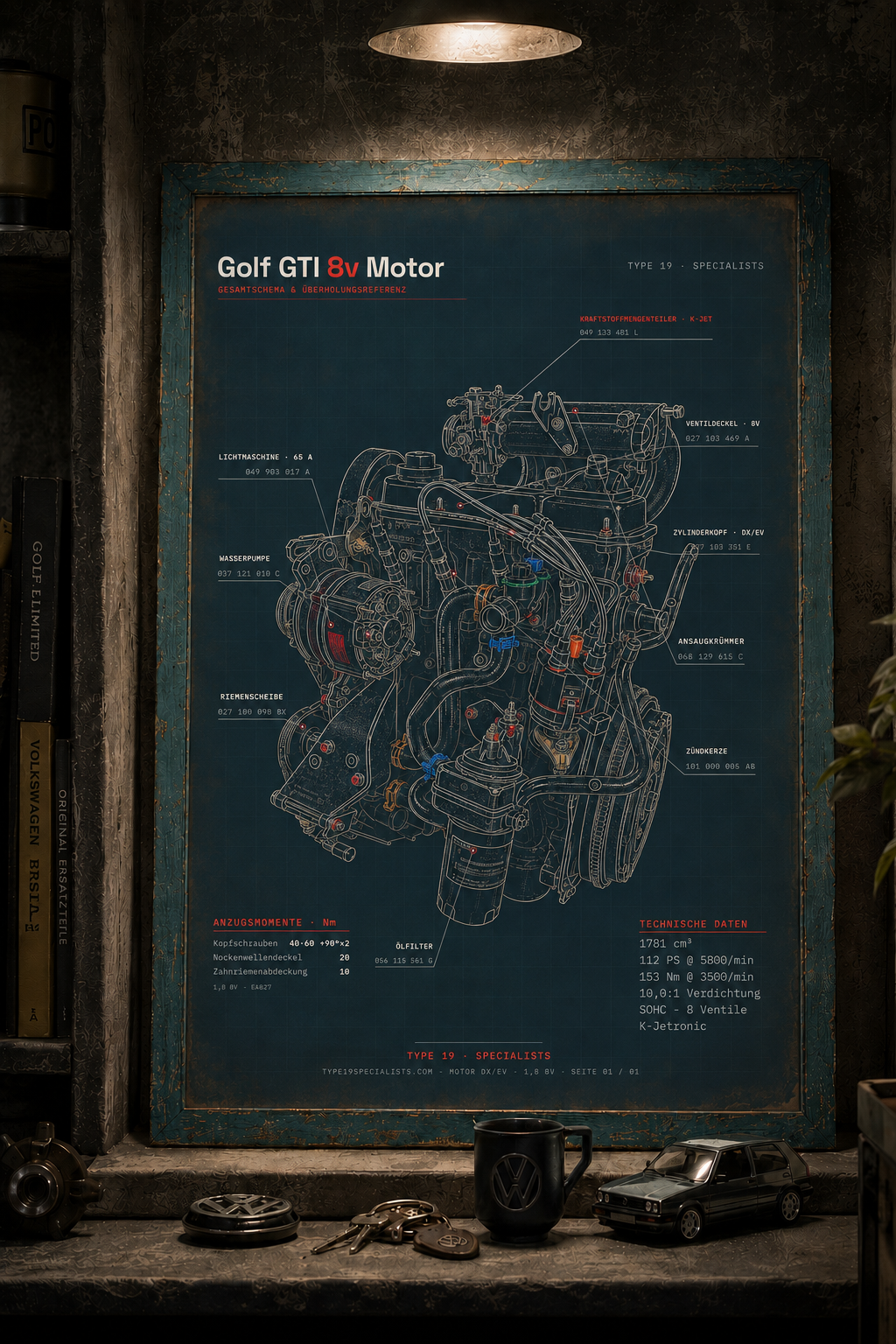 Golf GTI 8V Motor-Blueprint — A2 Kunstdruck