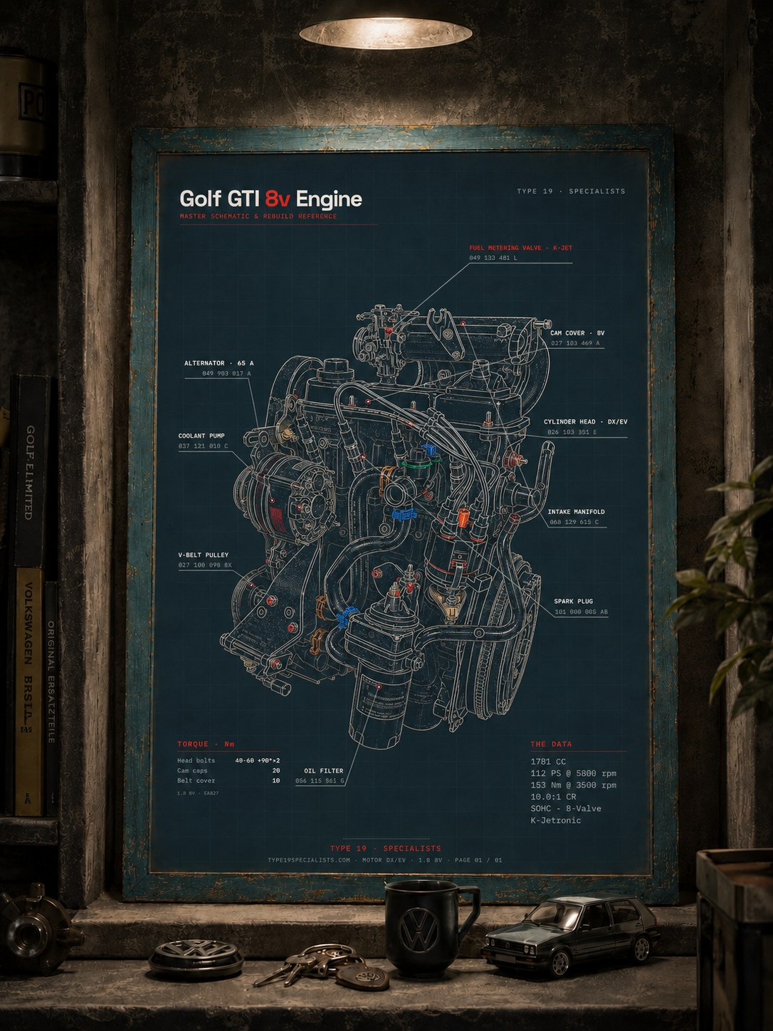Golf GTI 8V Engine Blueprint — A2 Art Print