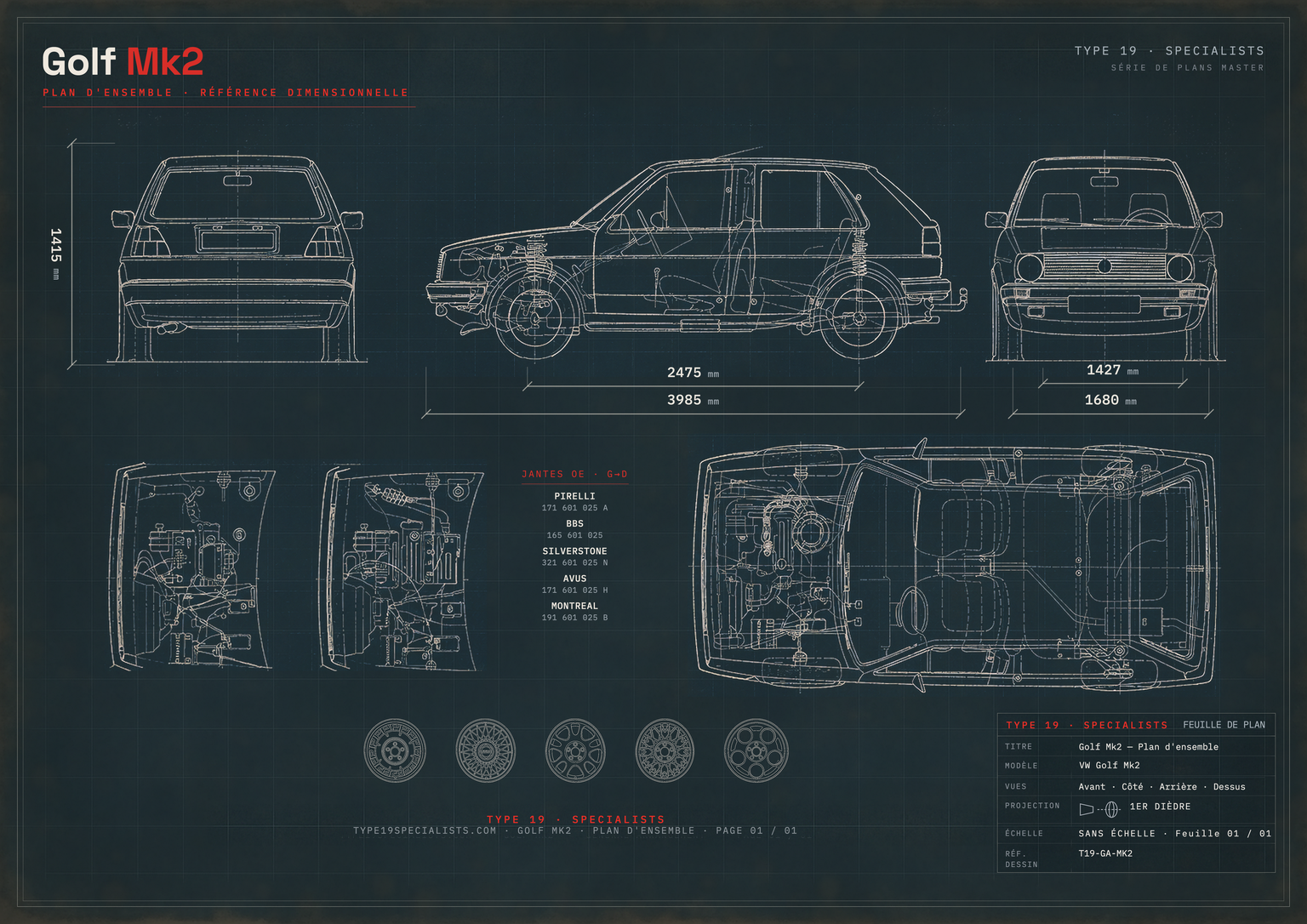 Plan d'ensemble de la Golf Mk2 — quatre vues cotées et référence des jantes OE, A2