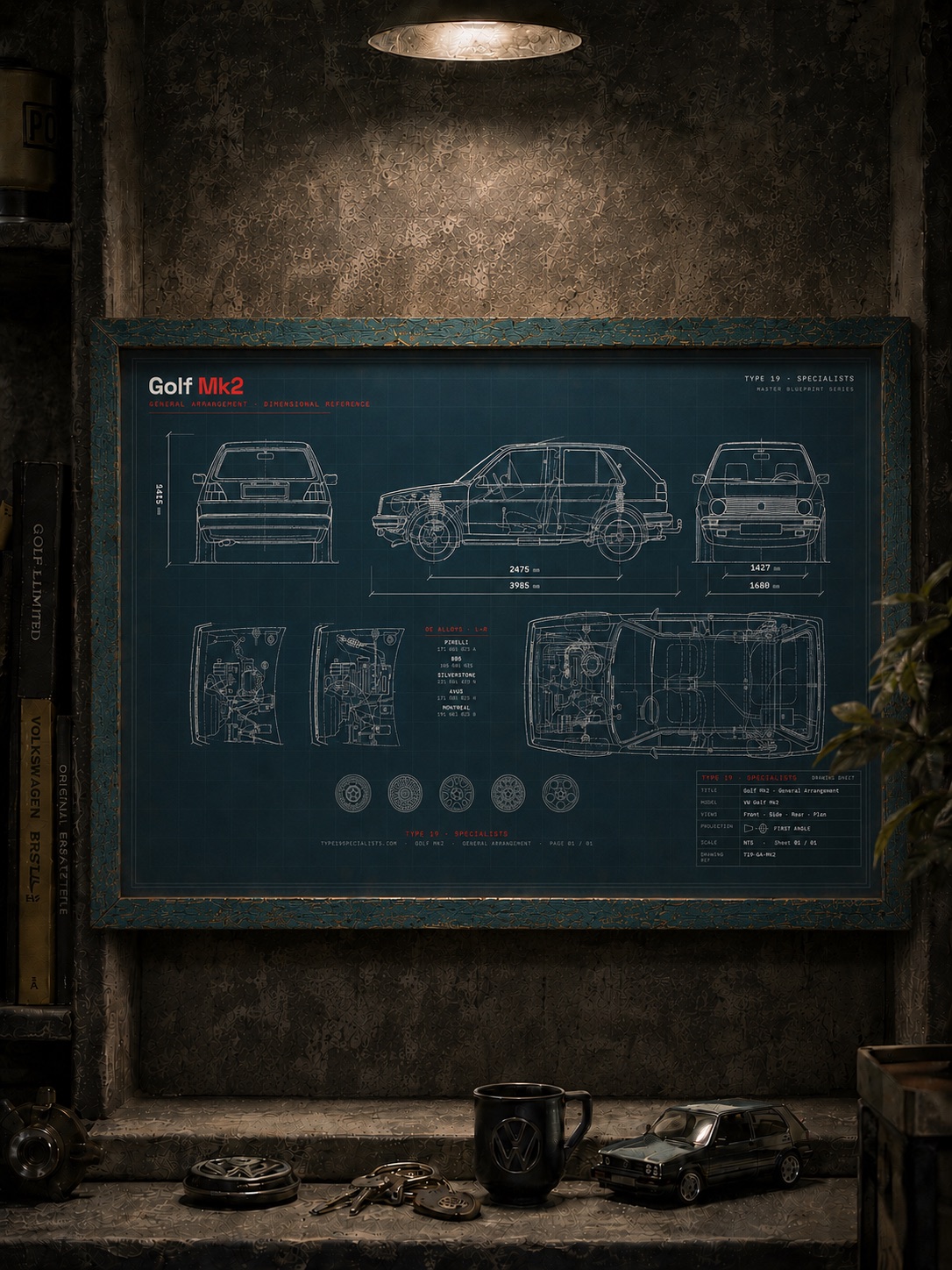 Golf Mk2 general arrangement blueprint — four dimensioned views and OE alloy reference, A2