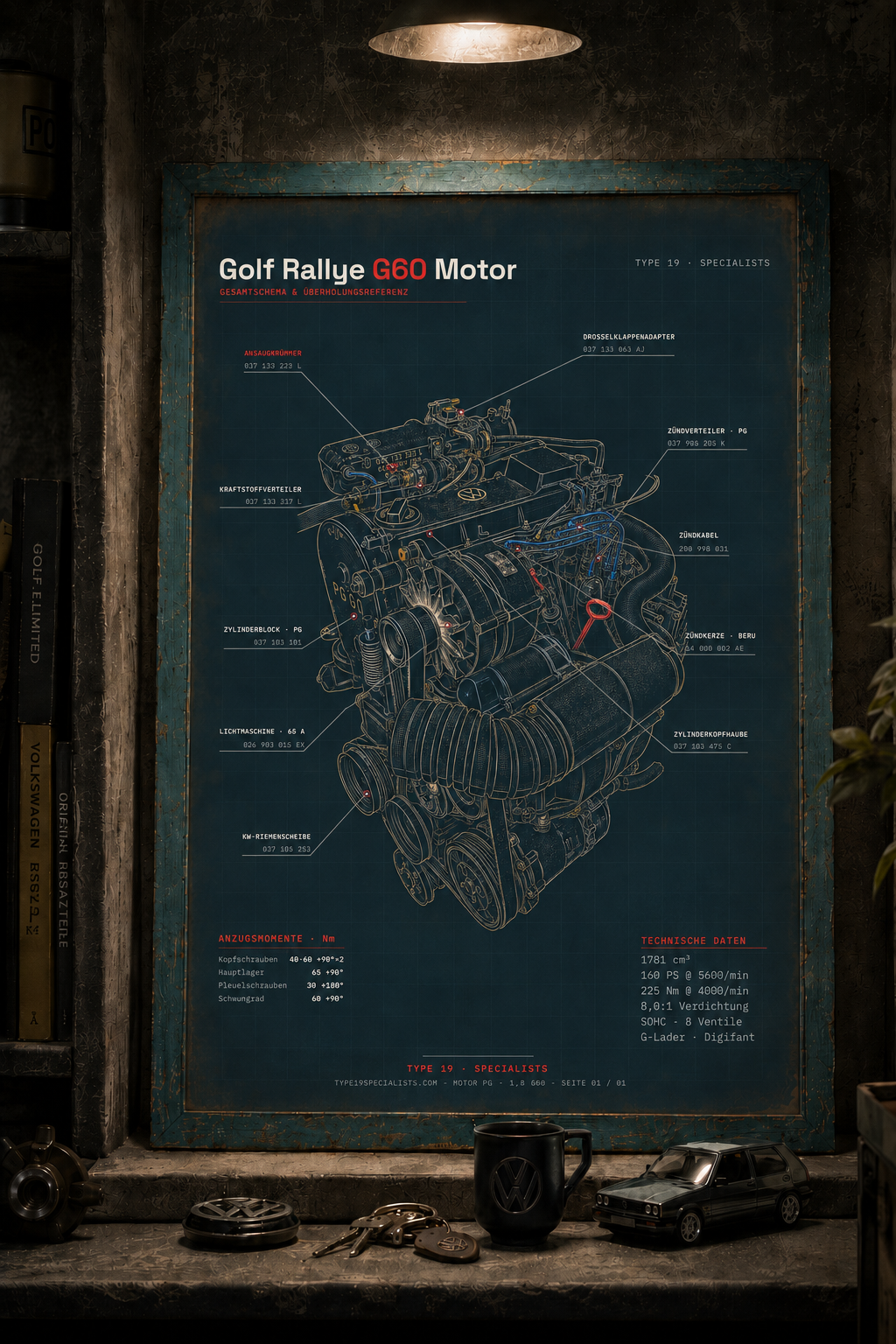 Golf Rallye G60 Motor-Blueprint — A2 Kunstdruck