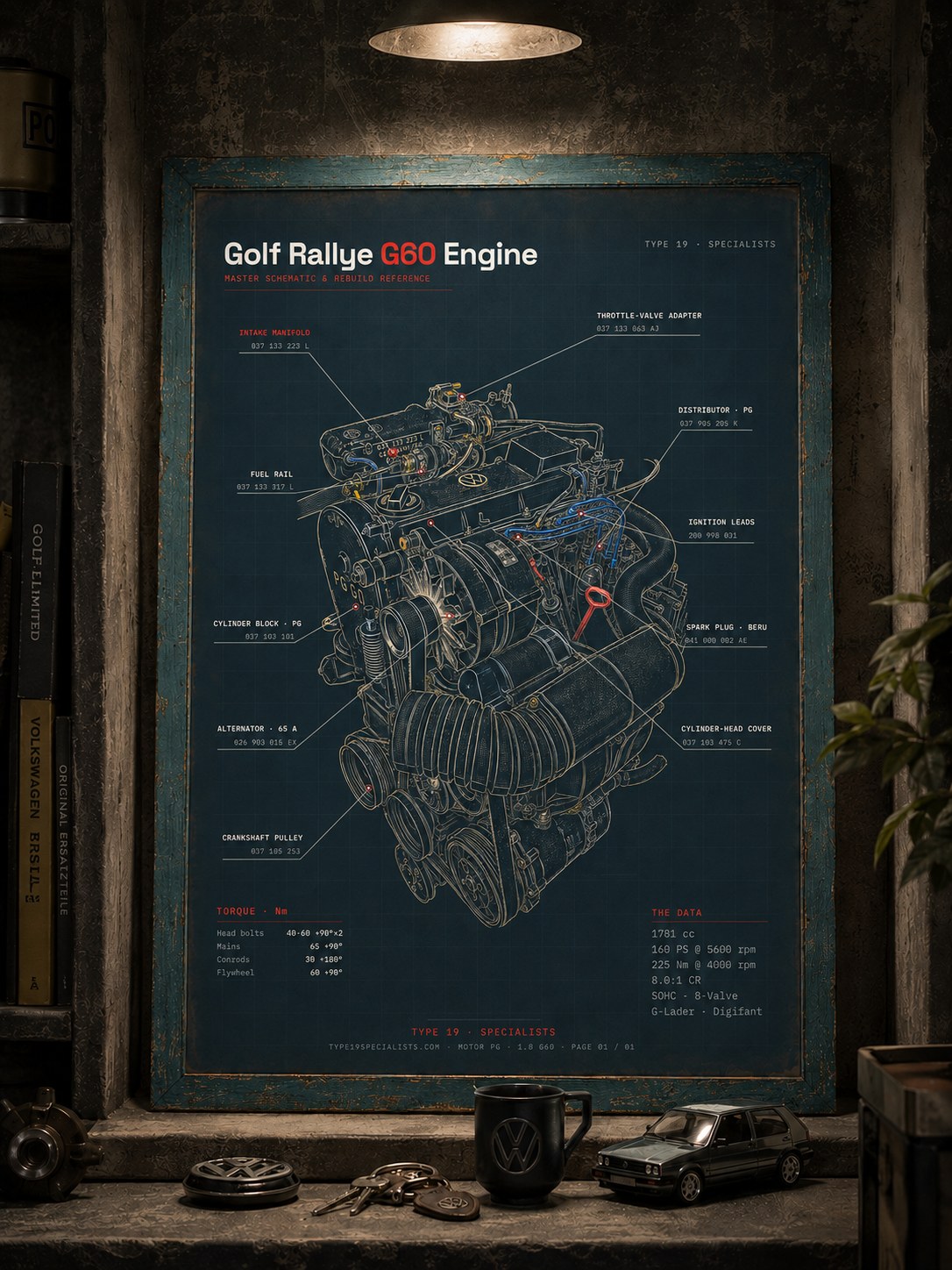 Golf Rallye G60 engine blueprint art print — Type 19 Specialists, A2