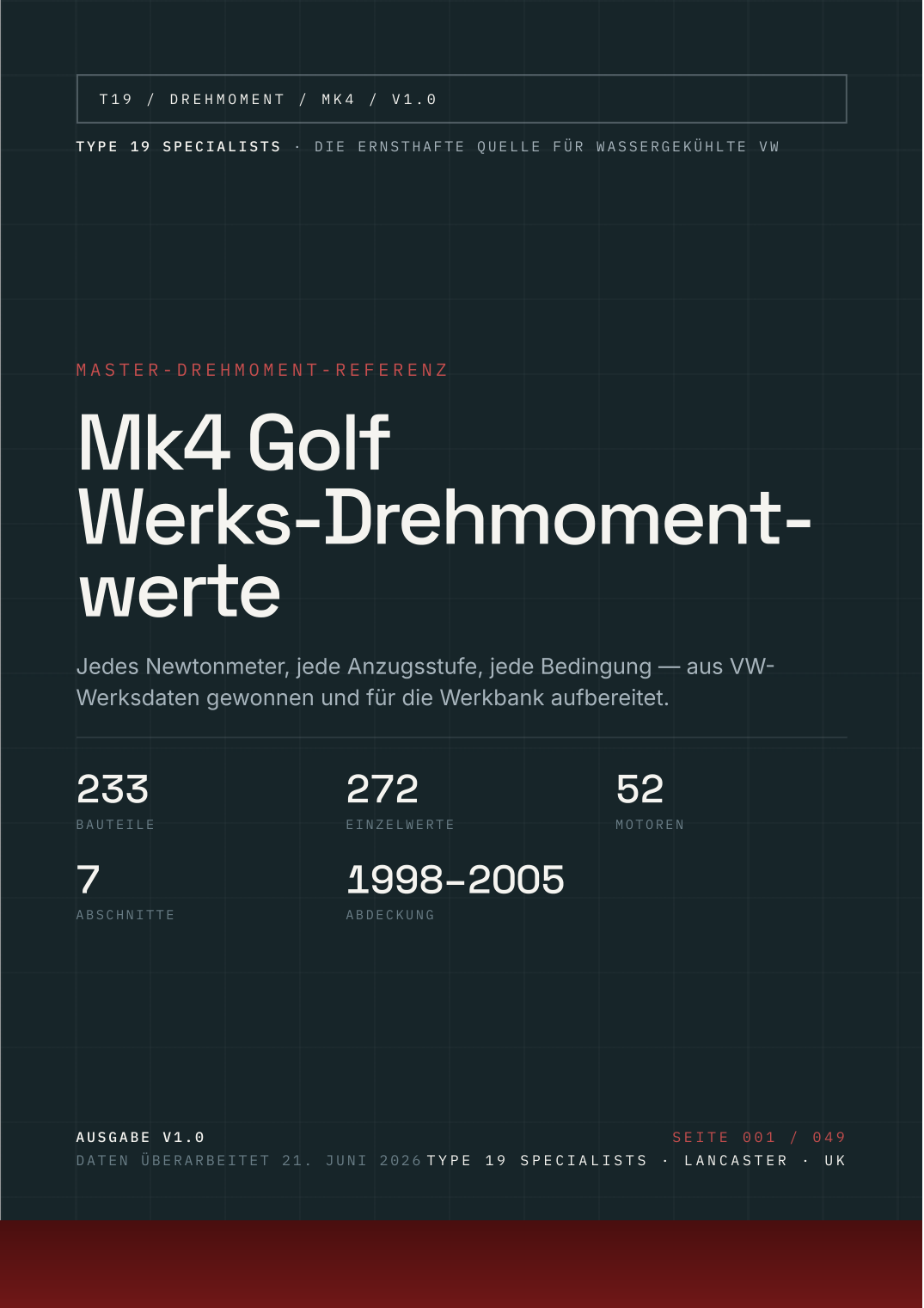 Mk4 Golf Werks-Drehmoment-Referenz — Titelseite